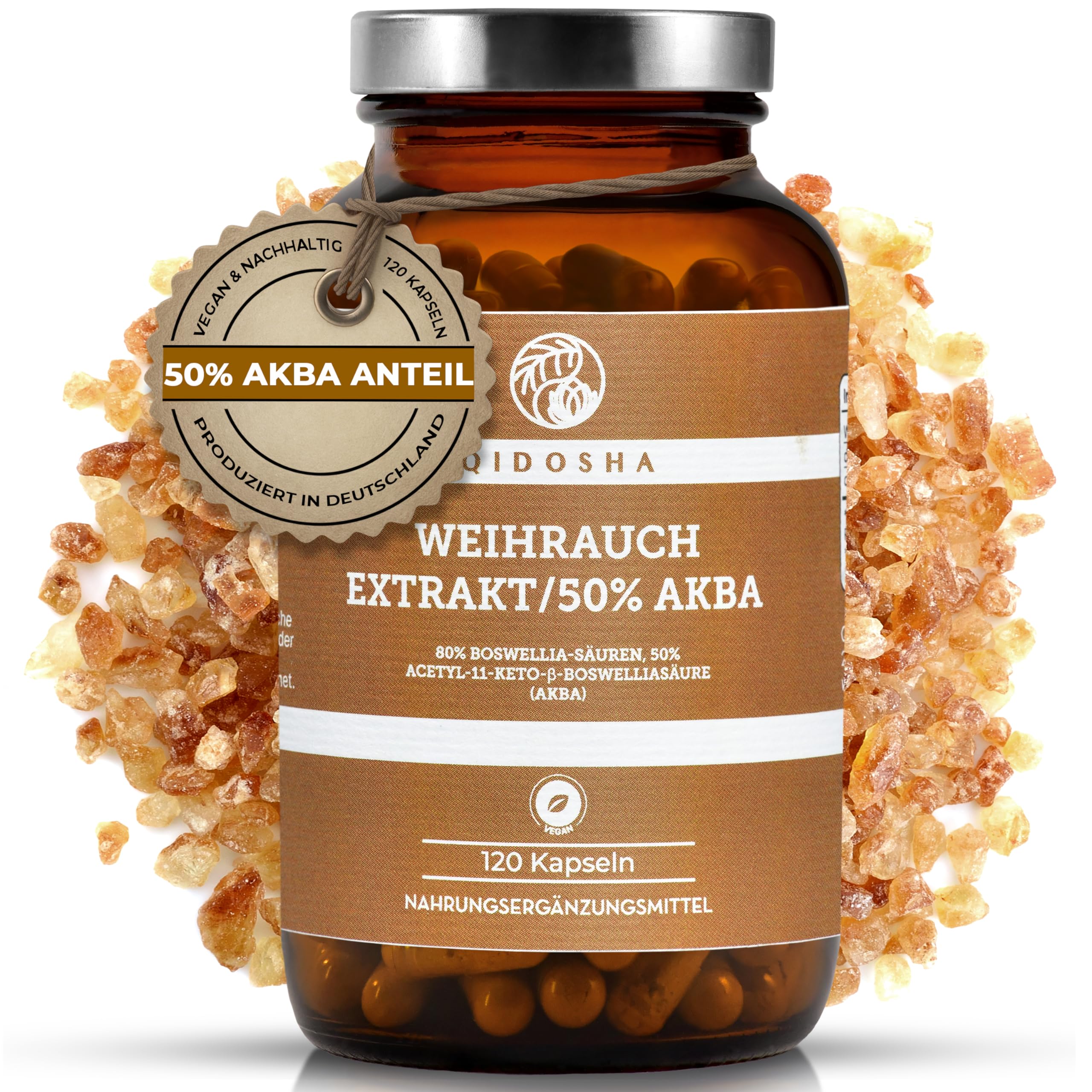 QIDOSHA® Weihrauch AKBA Kapseln, höchster AKBA-Gehalt am Markt, 120 Stk/Glas, 250mg Weihrauch-Extrakt mit 125mg AKBA je Kapsel, 80% Boswellia-Säuren, AKBA Kapseln hochdosiert mit 50% AKBA