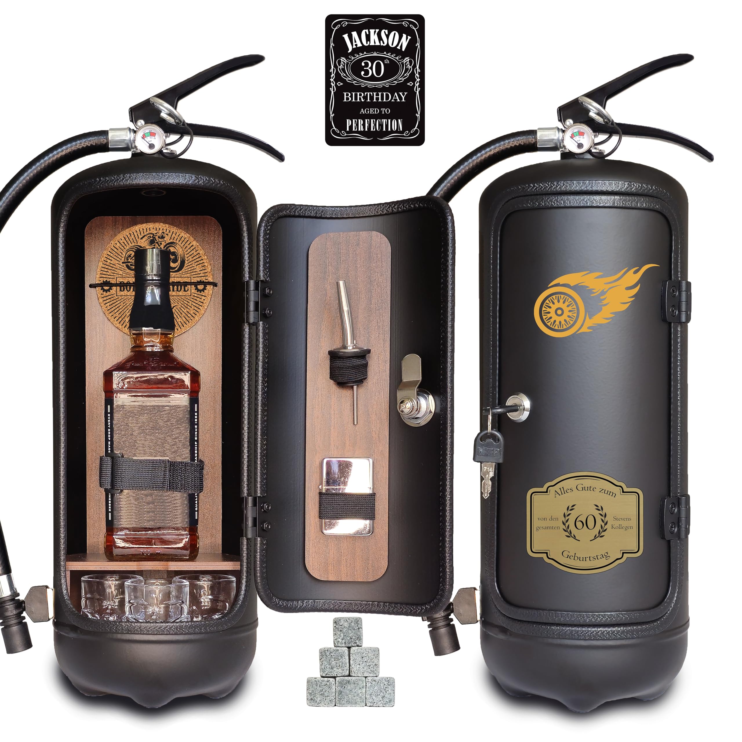 Feuerlöscher Minibar Motorradfahrer mit inkl. 3 Schnapsgläser, Whiskysteine, Schnapsausgießer, Korkuntersetzer - Ideales Originelles Geschenk für Mann