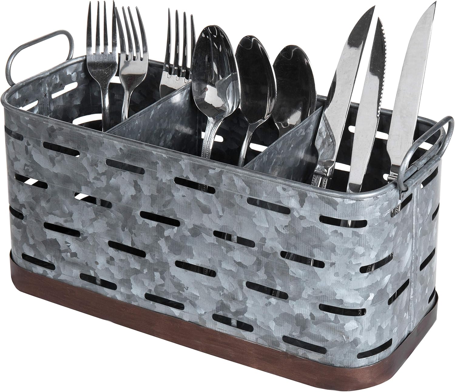MyGift Handcrafted Galvanized Silver Metal Countertop Kitchen Flatware and Utensil Holder with 3 Compartments, Decorative Storage Caddy with Handles and Copper Base Accent, Handmade in India