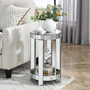 Round Mirrored End Table Modern 2 Layer Glass Sofa Side Table with Crystal Inlay Circle Glass Top, for Living Room, Bedroom and Small Spaces, Silver