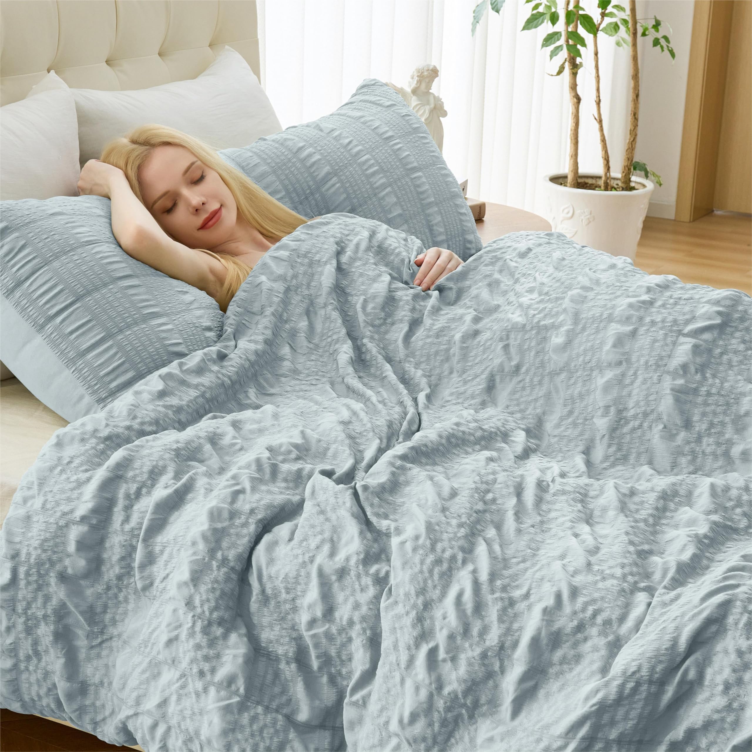 Duvet Cover Queen Size, Soft Brushed Blue Duvet Cover with Zipper Closure, 3 Pieces Boho Bedding for All Seasons, Includes 1 Duvet Cover & 2 Pillow Shams (Blue, USC006)