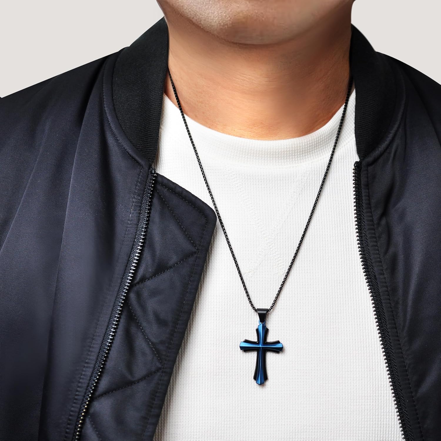 Metro Jewelry Stainless Steel Cross Pendant Necklace for Men with Black and Blue Ion Plating on 24 Inches Long Round Box Chain