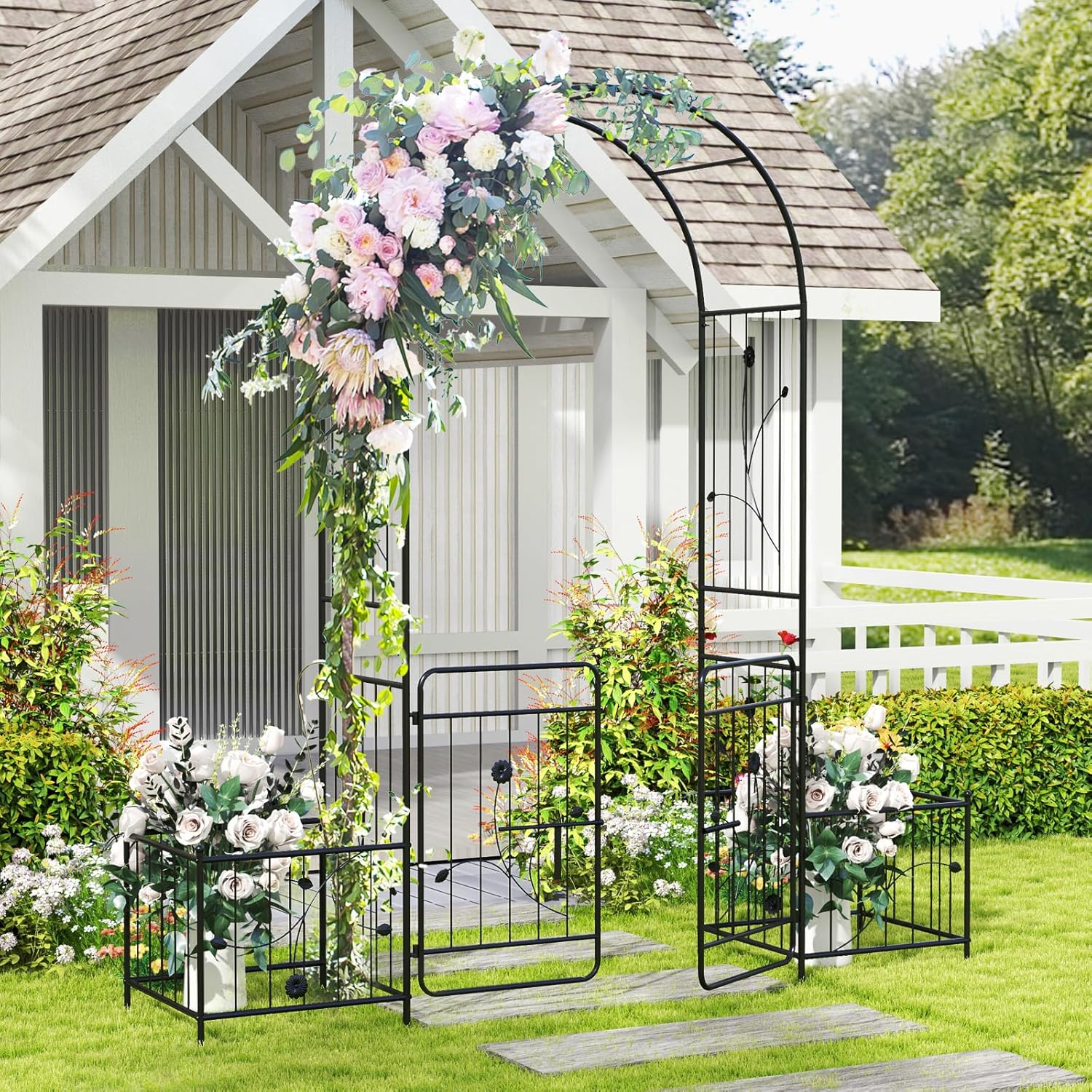IRONMAX Garden Arch with Gate & Planter Boxes, 86” Heavy Duty Galvanized Steel Arbor Trellis for Climbing Plants, Wedding Ceremony Backdrop, Outdoor Pergola for Patio Lawn and Yard Decoration