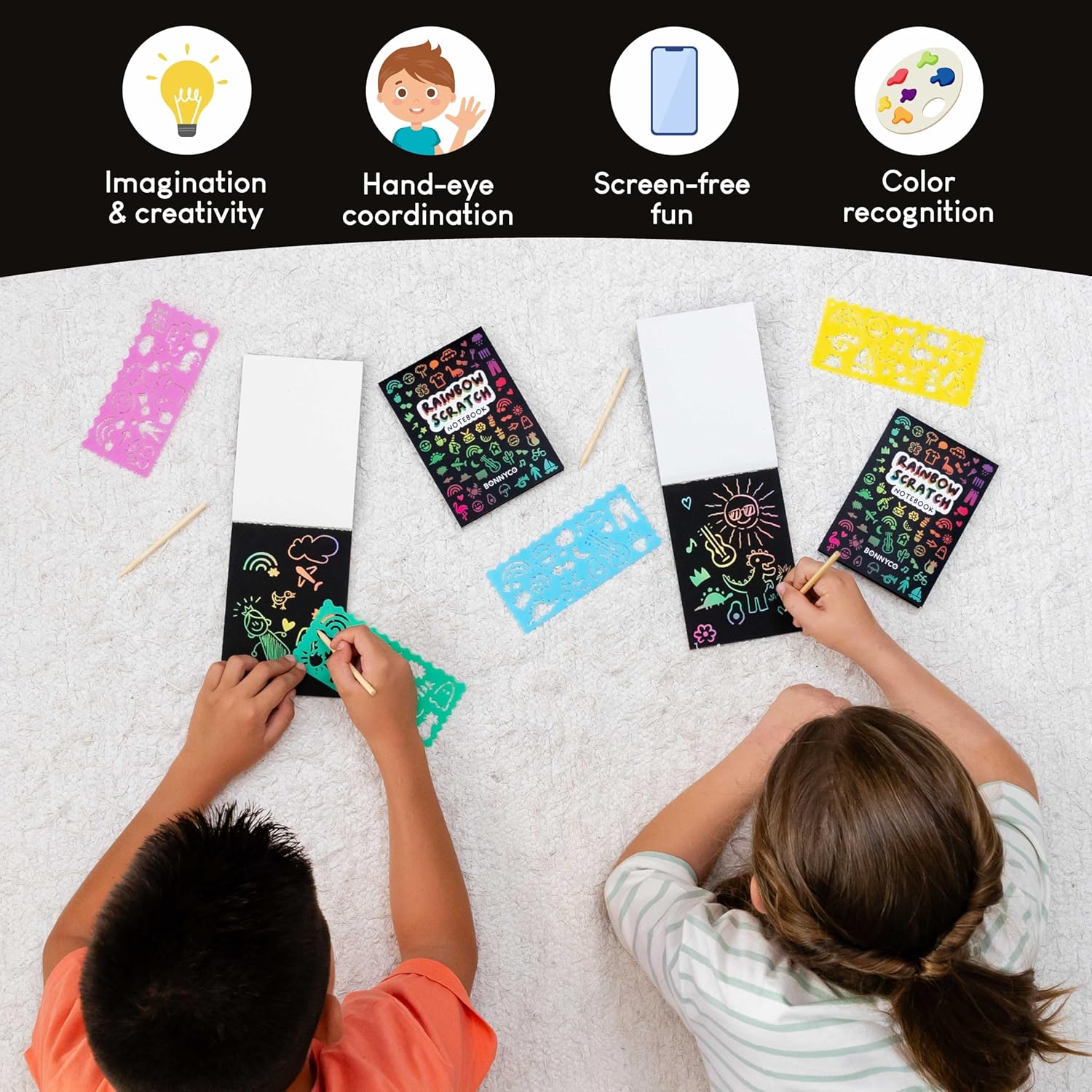 BONNYCO Rainbow Scratch Art for Kids 16 Sets with Notebook, Stencil and Wooden Stylus. Party Favors, Goodie Bags Stuffers for Kids, Classroom Prizes. End of Year Gifts Ages 3 to 12 - Image 6