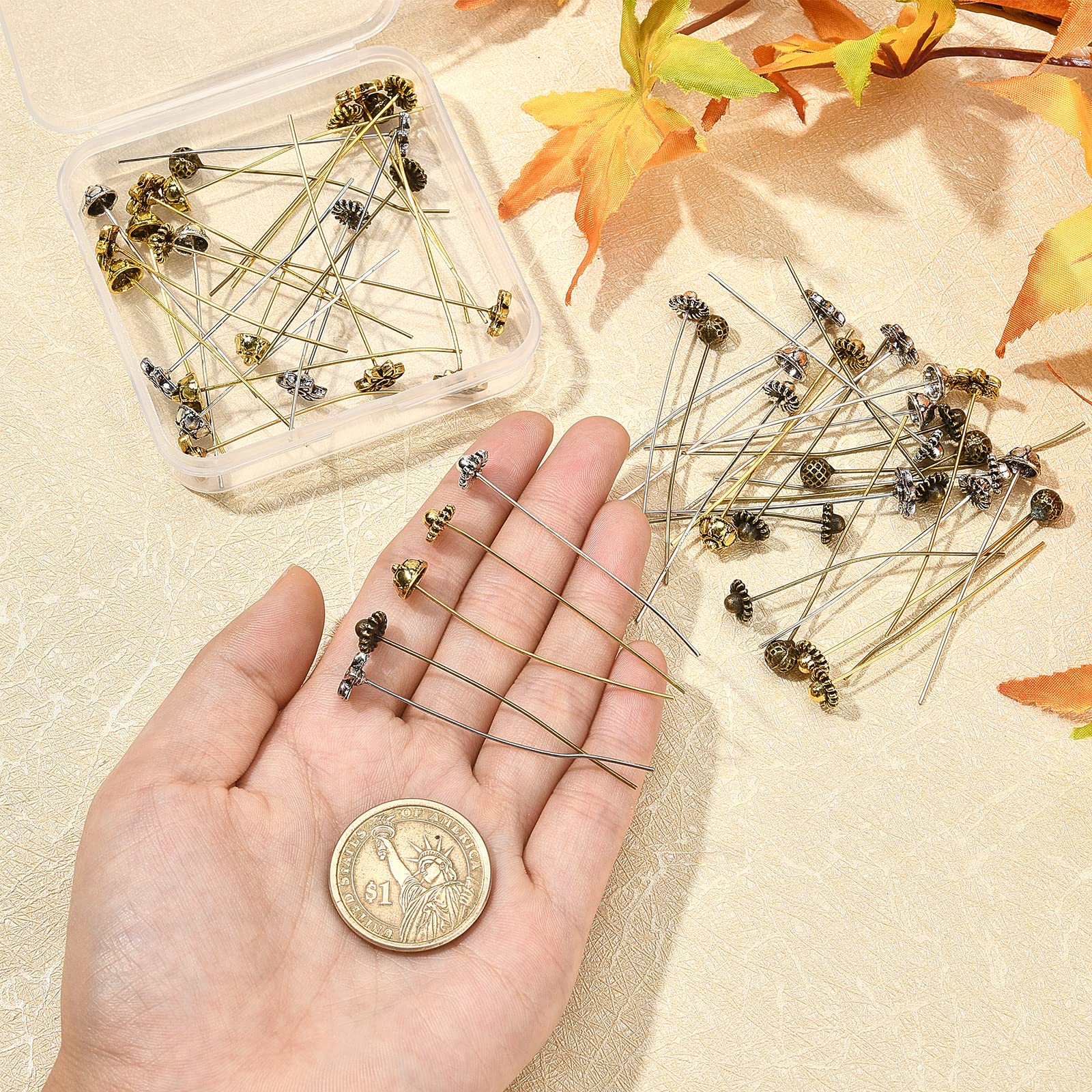 SUNNYCLUE 1 Box 64Pcs 8 Styles 2/2.1inch Flower Head Pins Antique Tibetan Style Ball Head Pins Needles HeadPins Eye for Jewellery Making Findings UK Women DIY Earrings Crafts Supplies - Image 3
