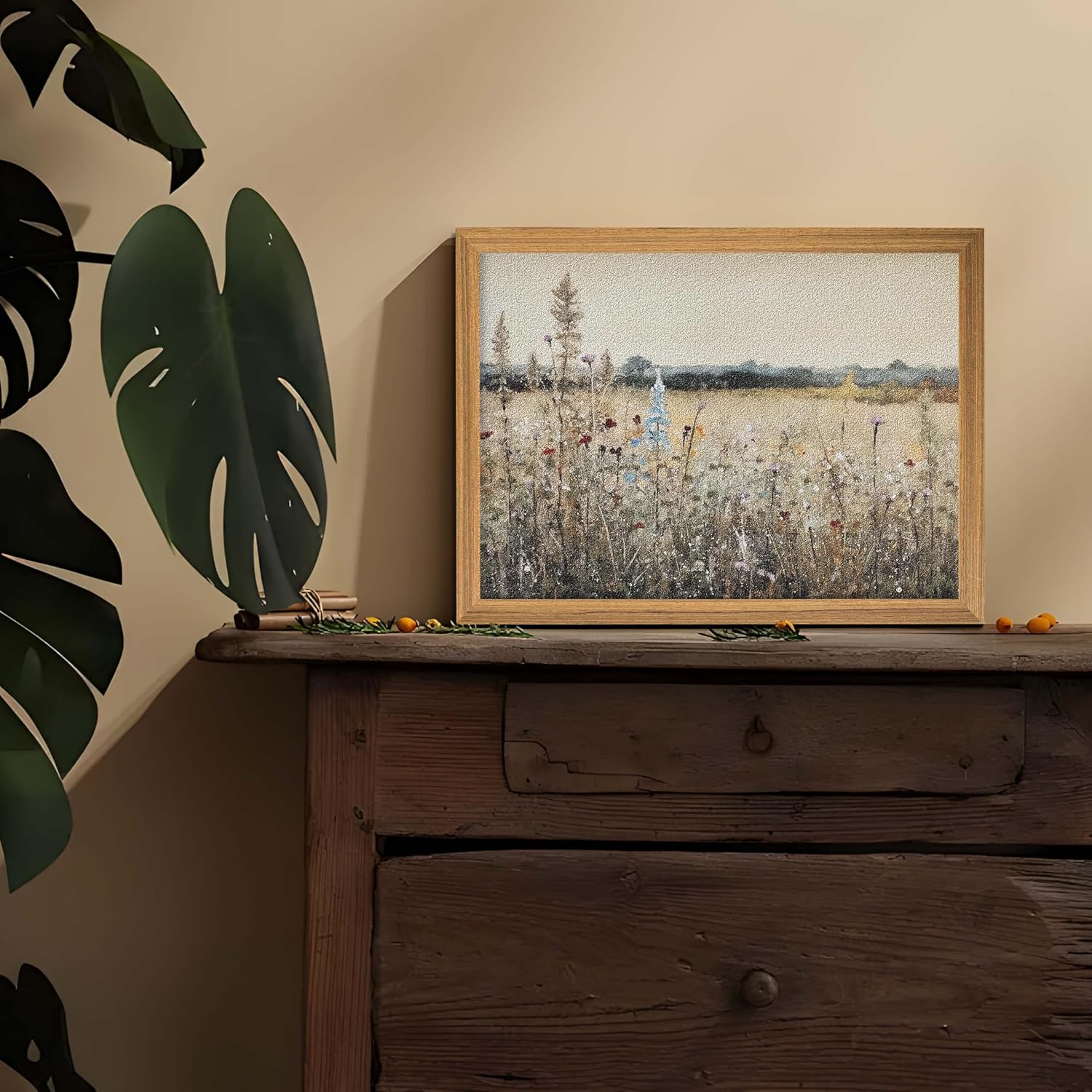 Vintage Landscape Wall Art, 3D Textured Nature Rustic Farmhouse Wall Decor Painting, Hand Drawn Sandstone Country Wildflowers Artwork Picture for Living Room Bedroom 16x24 Inch Framed image 2