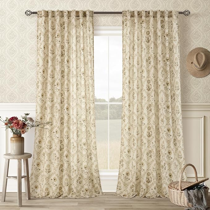 Linen Floral 102 Inch Curtains Back Tab Farmhouse Neutral Living Dining Room Light Filtering Linen Curtains Tan Brown Beige Flower Plant Pattern Printed French Country Vintage Drapes 102 Inches Long