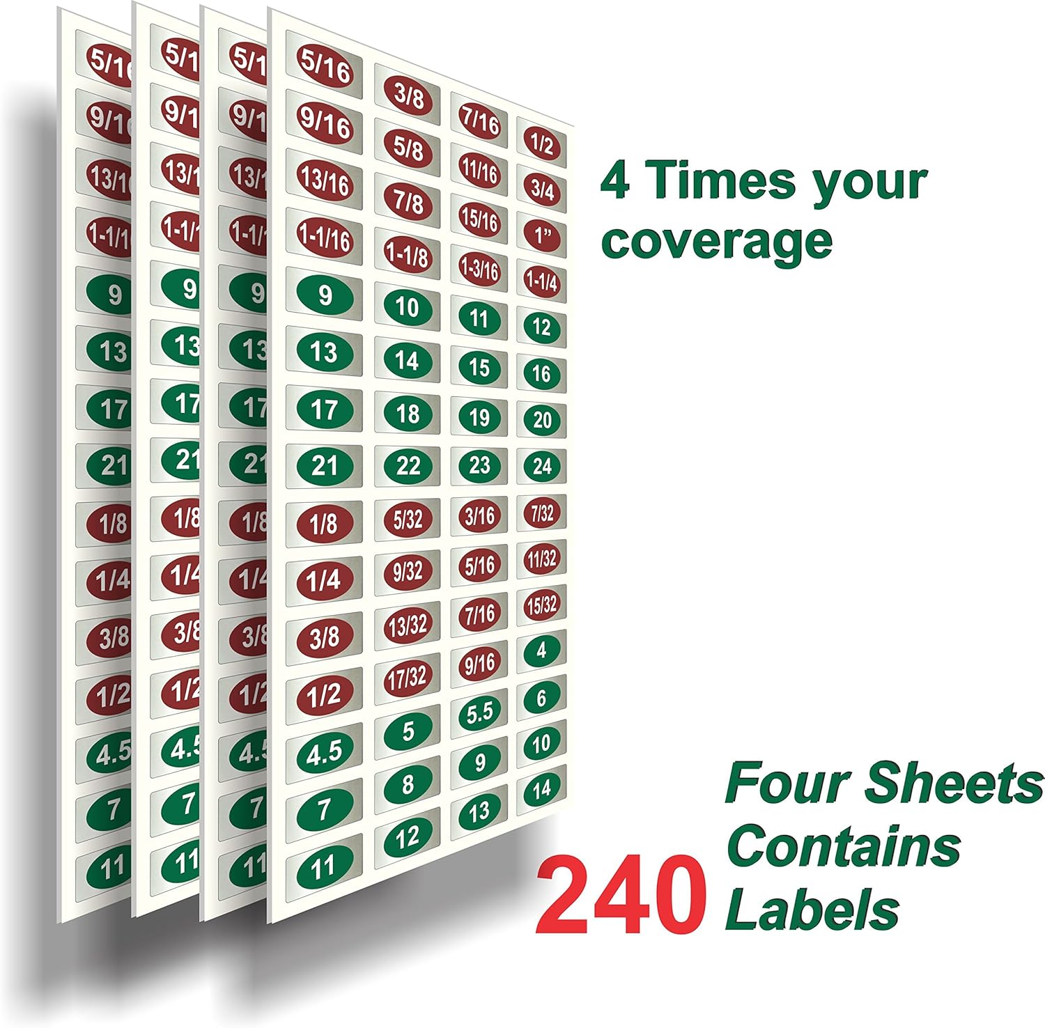 Four sheets of Steellabels Chrome Socket Labels, indicating '4 Times your coverage' and 'Four Sheets Contains 240 Labels'.