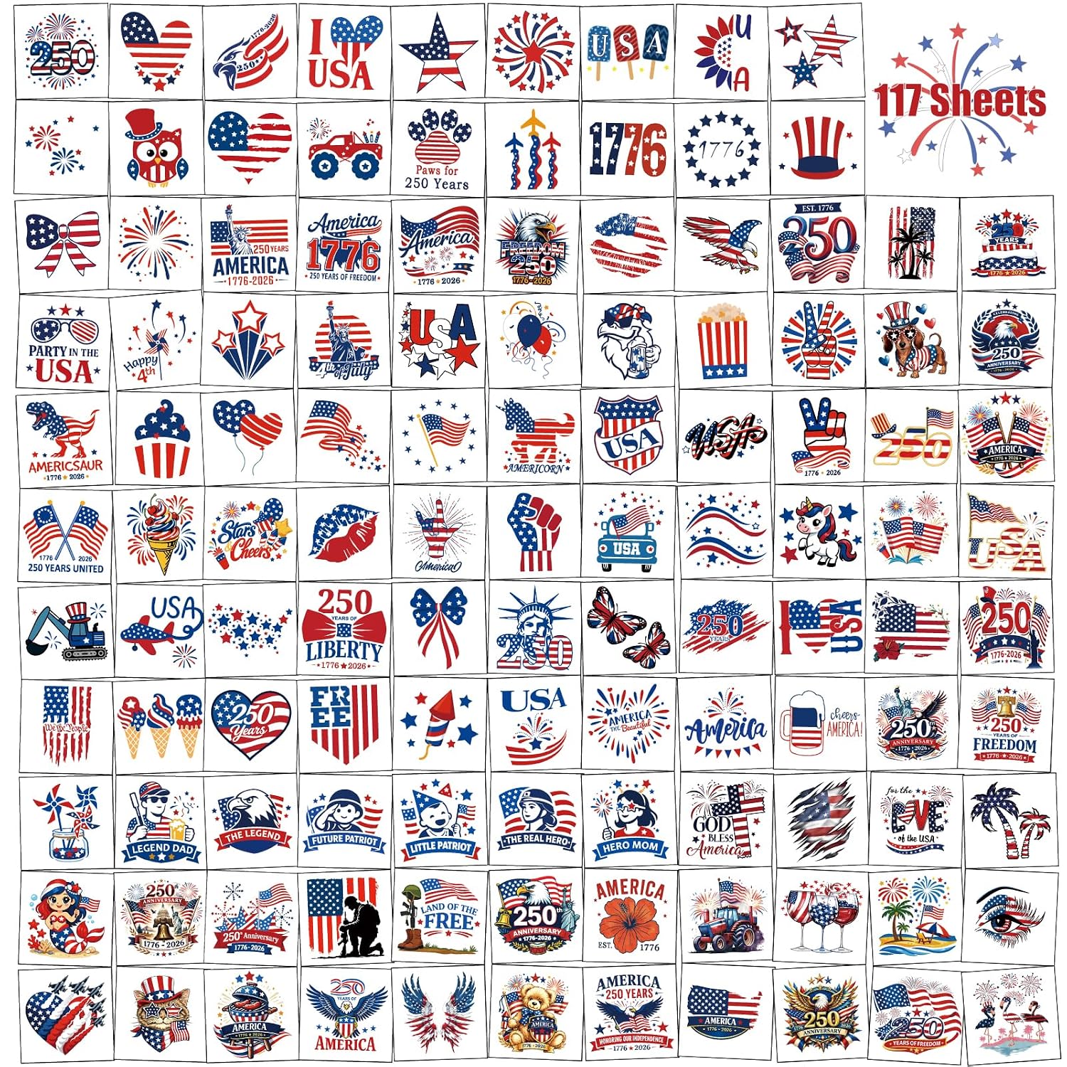117PCS Temporary Tattoos - 4th of July Party Favors