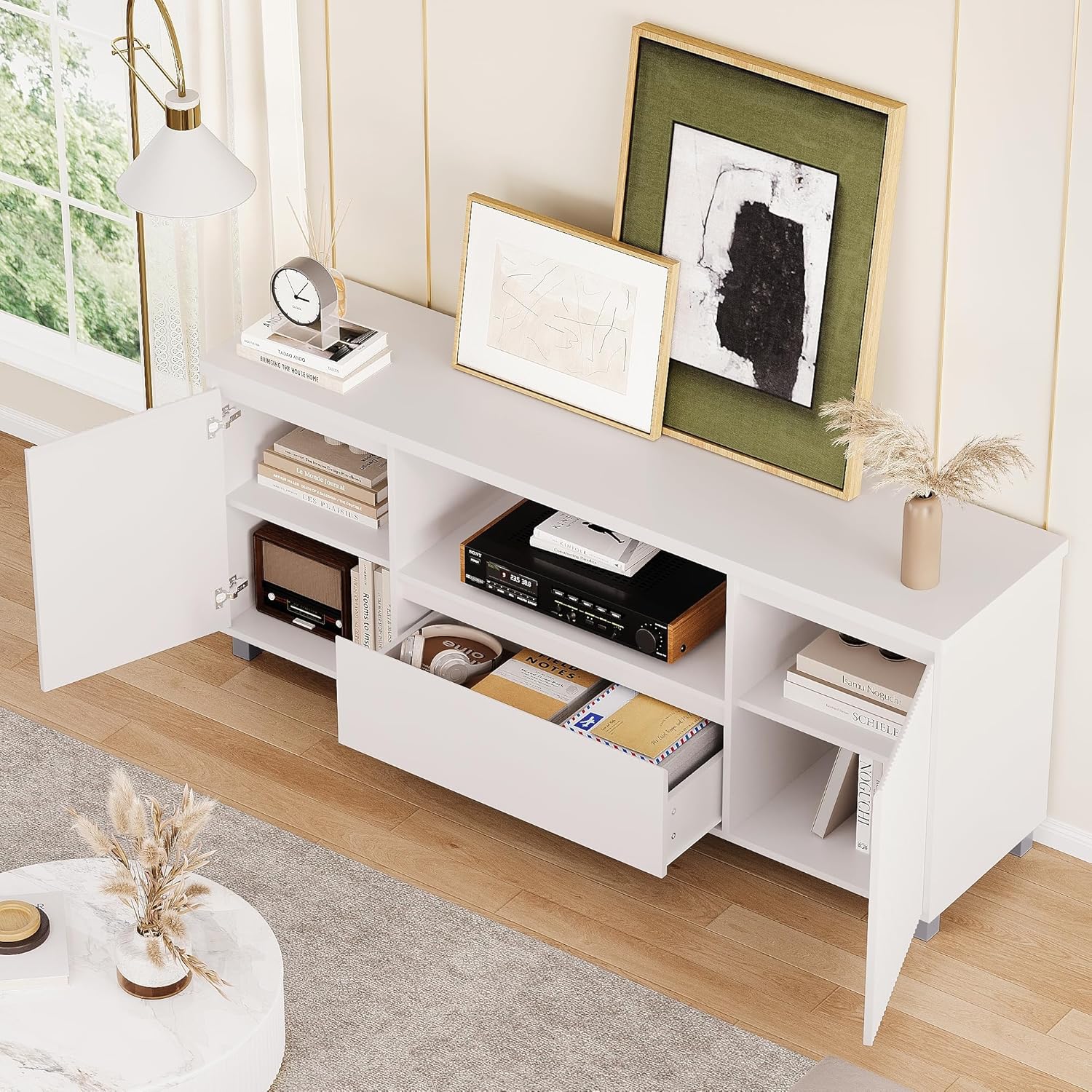 GarveeHome Fluted TV Stand, White TV Entertainment Center for 60/65/70 in TV, Modern TV Console with Drawer and 2 Cabinets, Media Console Cabinet for Living Room, Bedroom