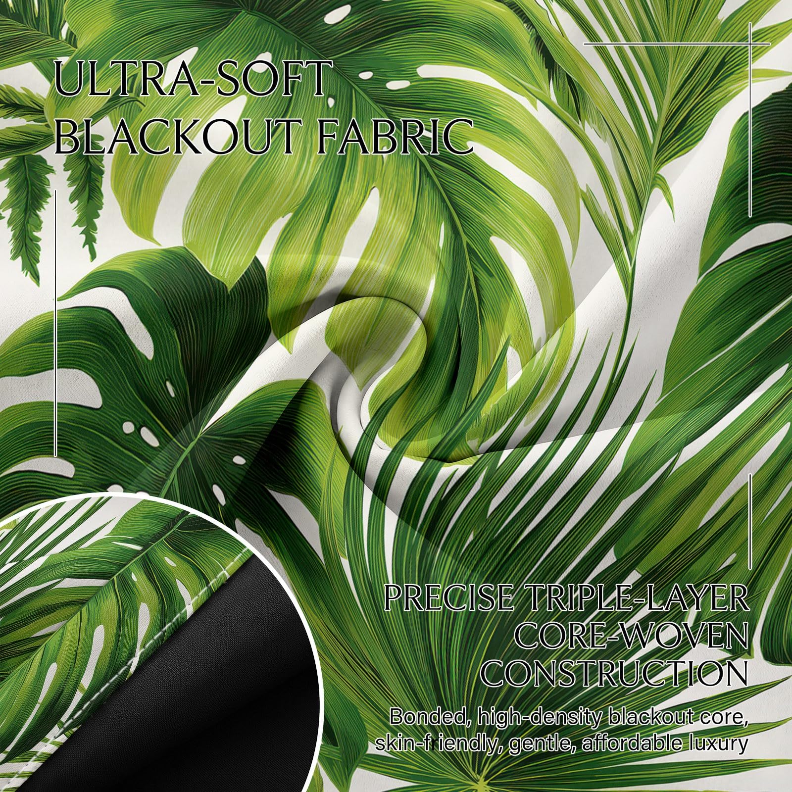 Zielona termiczna zasłona zaciemniająca, rośliny Monstera Deliciosa Palm Leaves Zestaw 2 zasłon z izolacją akustyczną, oszczędność energii, idealna do sypialni, salonu, okna 117 x 229 cm