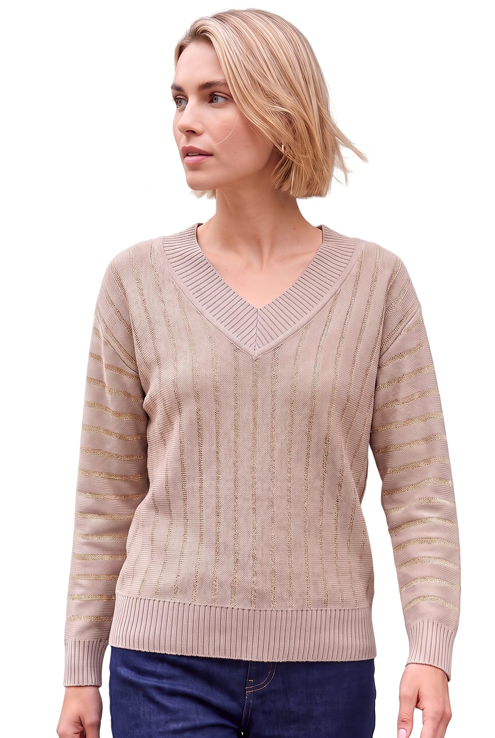Roman Originals Metallic Stripe Knit Jumper for Women UK - Ladies Everyday Autumn Winter V-Neckline Comfy Soft Evening Vacation Work Party Night Out