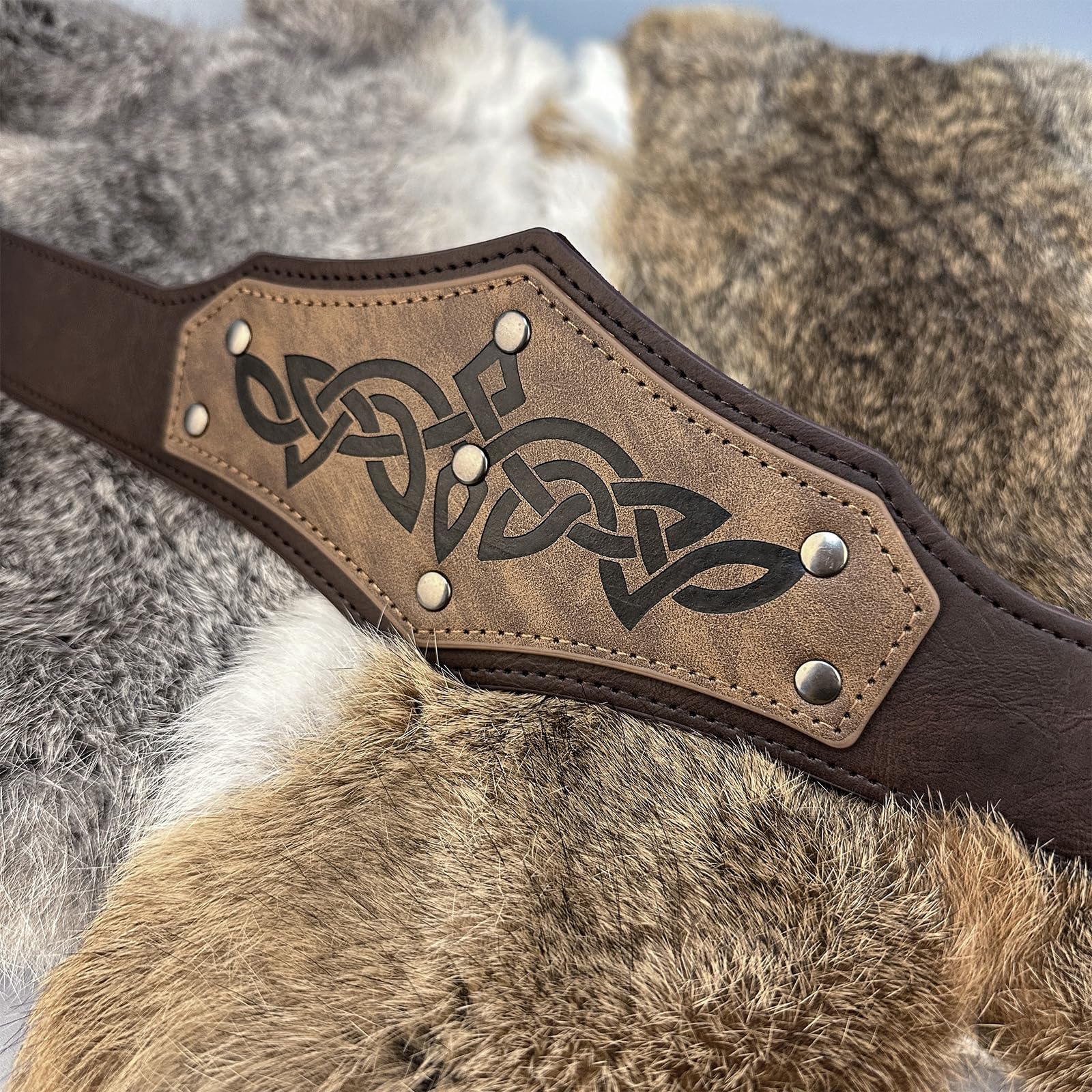 JIAHG Retro Embossed Faux Leather Headband Medieval Viking Vintage Adjustable Headpiece Halloween Costume Accessory Stage Performance Cosplay Prop (Brown) - Image 3