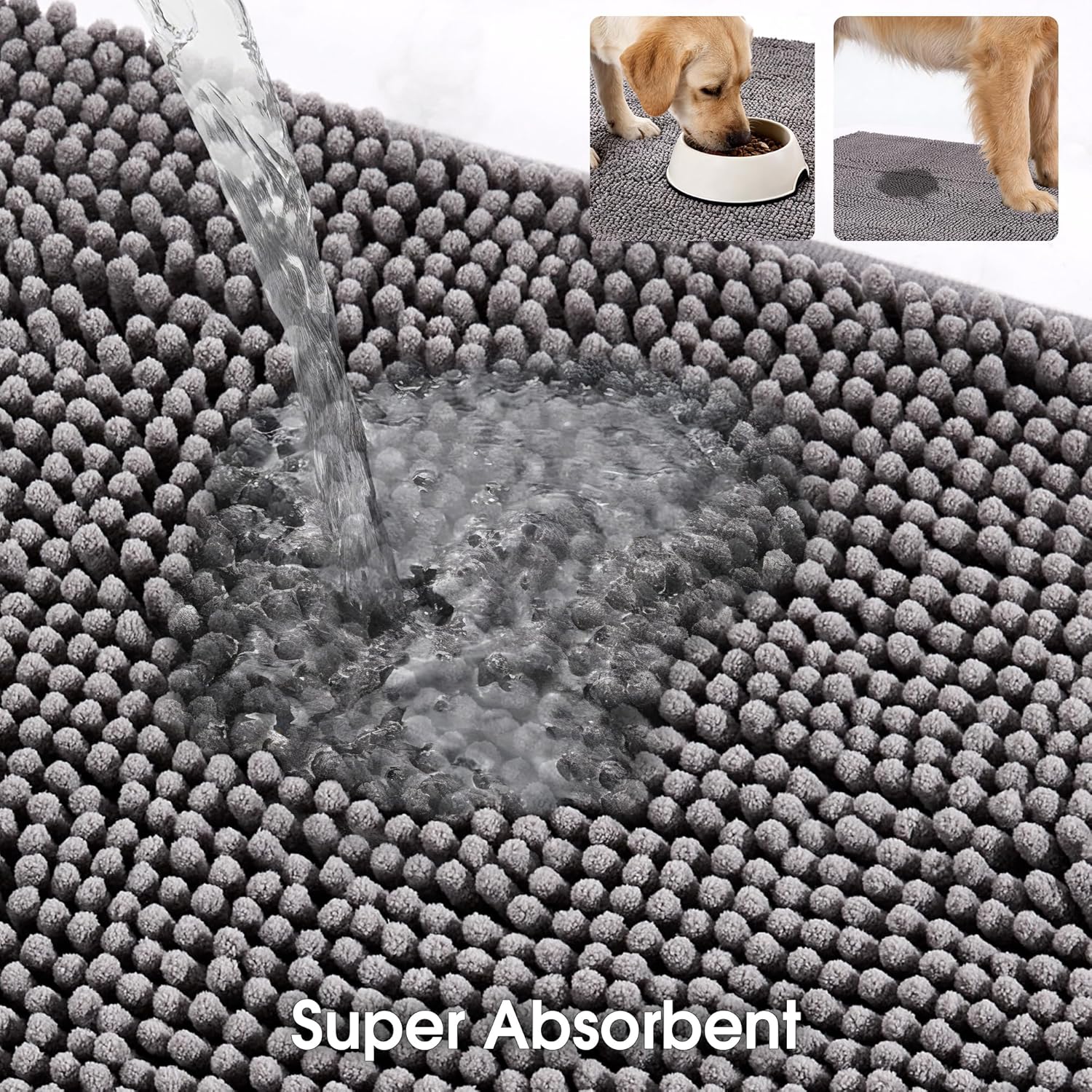 Dog Door Mat for Muddy Paws, 48"x36" Absorbent Dirt Trapper Washable Chenille Indoor Mats for Entryway, Quick Dry Non-Slip Front Door Mat, Entry Rug for Indoor and Outdoor, Grey