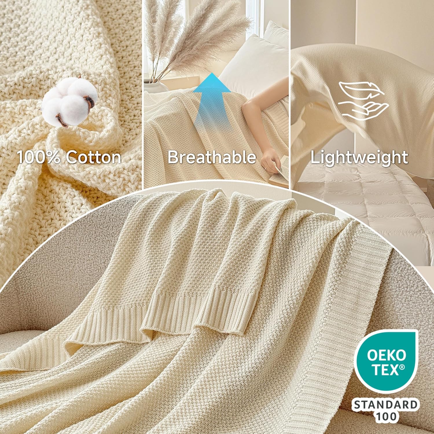 Simple&Opulence 100% Cotton Blanket Queen Size, Solid Color Cable Knitted Blanket Super Soft Comfortable Breathable Decorative Farmhouse for Couch Sofa Bed, All Season Use(White,90x90)