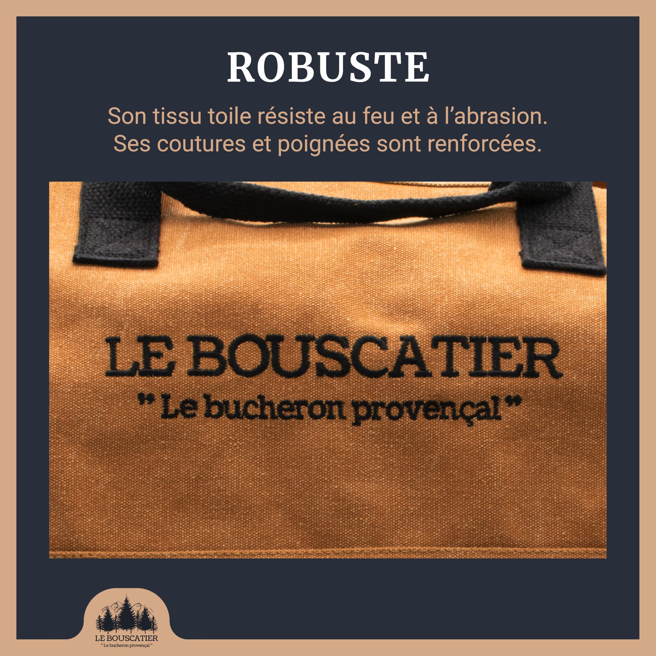 Bolsa de transporte de leña, resistente y resistente para troncos, 60 x 46 x 26 cm de 50 L. Cesta multiuso extragrande, accesorio para estufa, chimenea inserto o brasero barbacoa (Camel)
