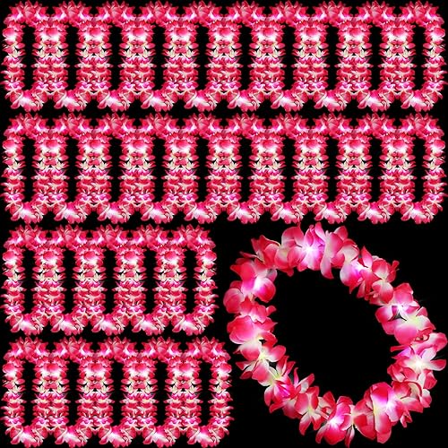 Sherr 24 piezas de collar de flores hawaianas de Leis con luces LED, para playa, tropical, carnaval, fiesta, suministros de boda, Luau Leis para