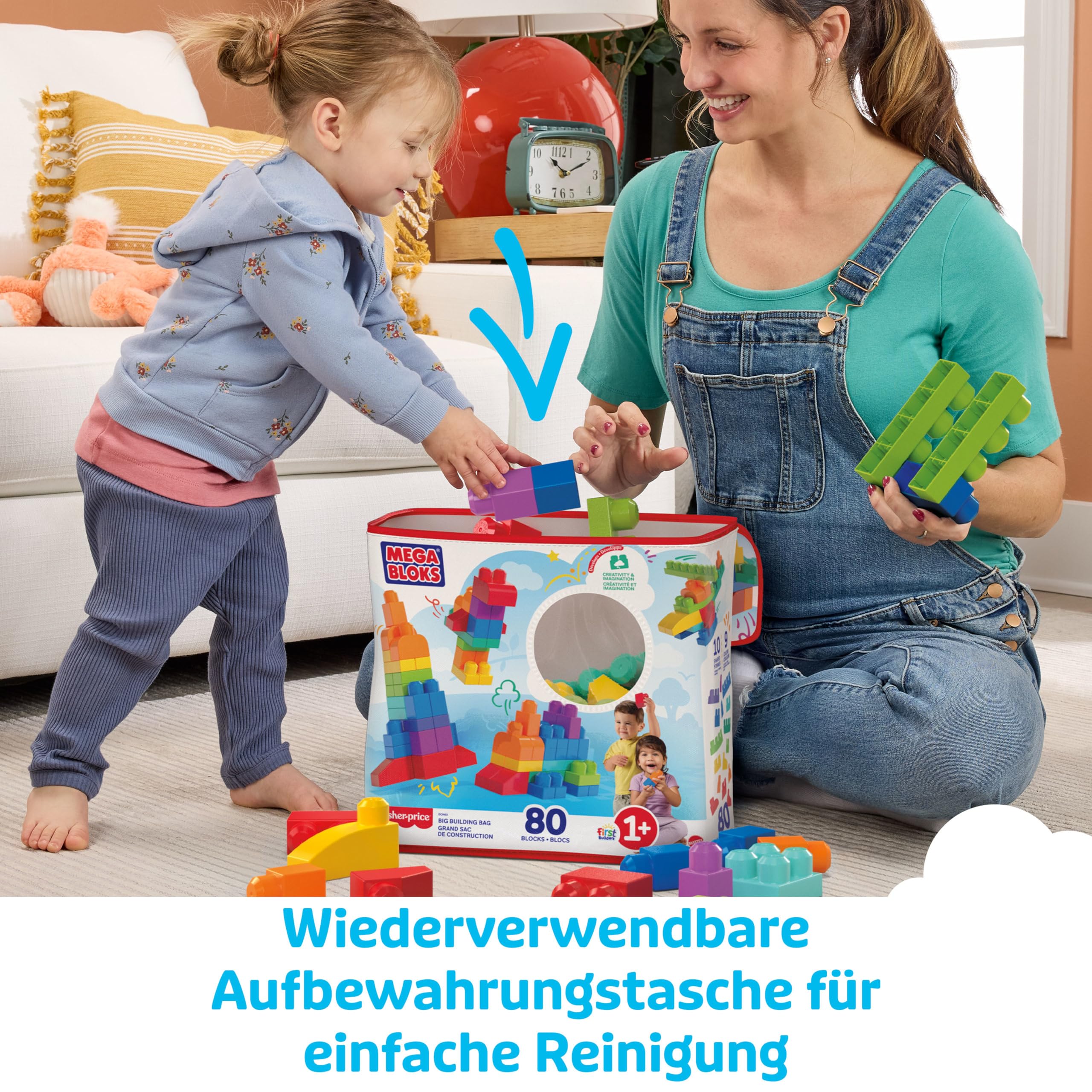 MEGA BLOKS Fisher-Price Bausteine für Kleinkinder, großer Bausteinebeutel mit 80 Teilen und Aufbewahrungsmöglichkeit, Blau, Geschenkideen für Kinder ab 1 Jahr, DCH63