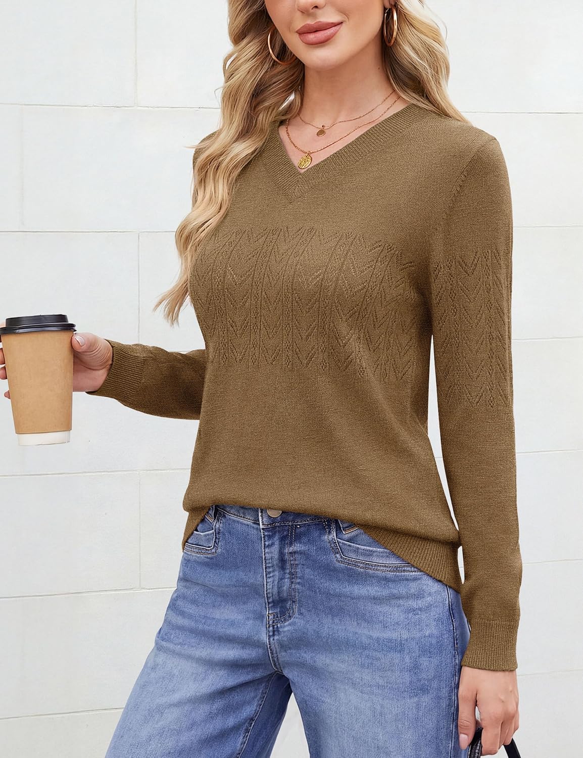 YUCOLEN Women's Wool Hollow Out Sweaters Long Sleeve Crochet Pullover V Neck Sweater Lightweight Knit Tops - Image 2