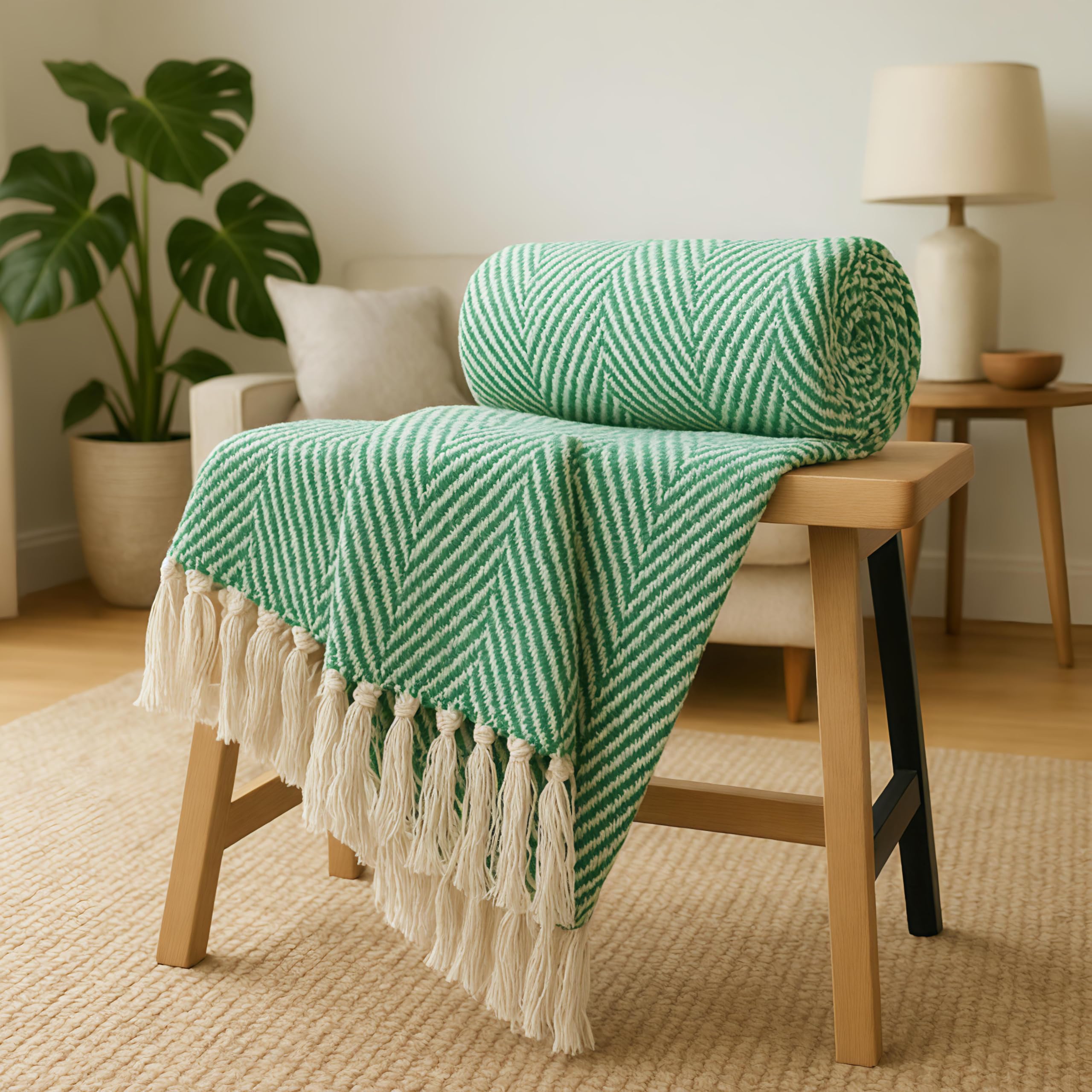 Tarantaran Decorative Throw Blanket with Chevron Pattern, Mint Green and White, Tasseled Fringe, Cozy Cotton Blend Size 52x72 inches | Green ZZ |-image-1