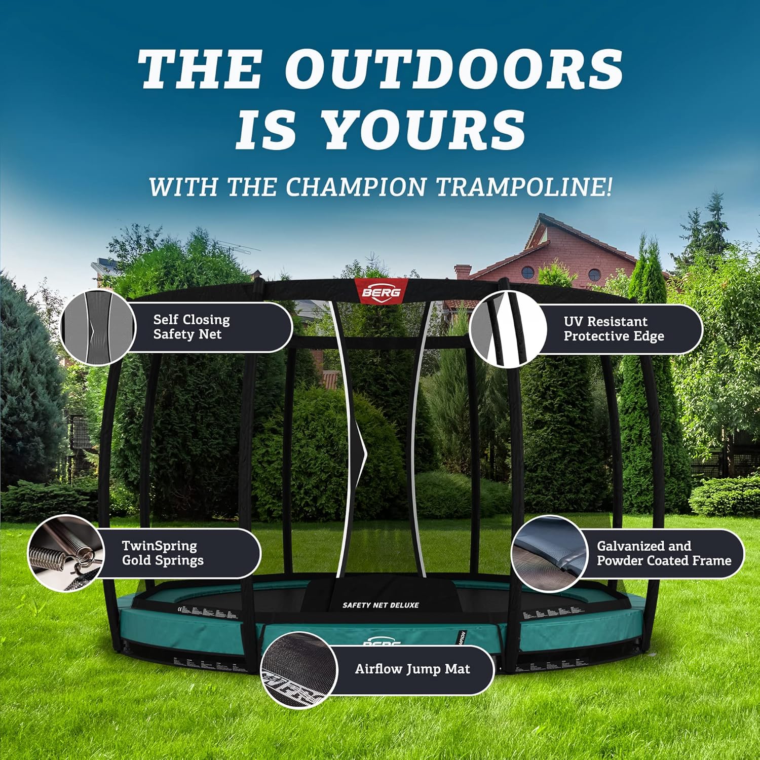 BERG Champion InGround 14ft Trampoline with Safety Net, Trampoline for Kids, High Performance & Safety Features, Jump Higher with Airflow