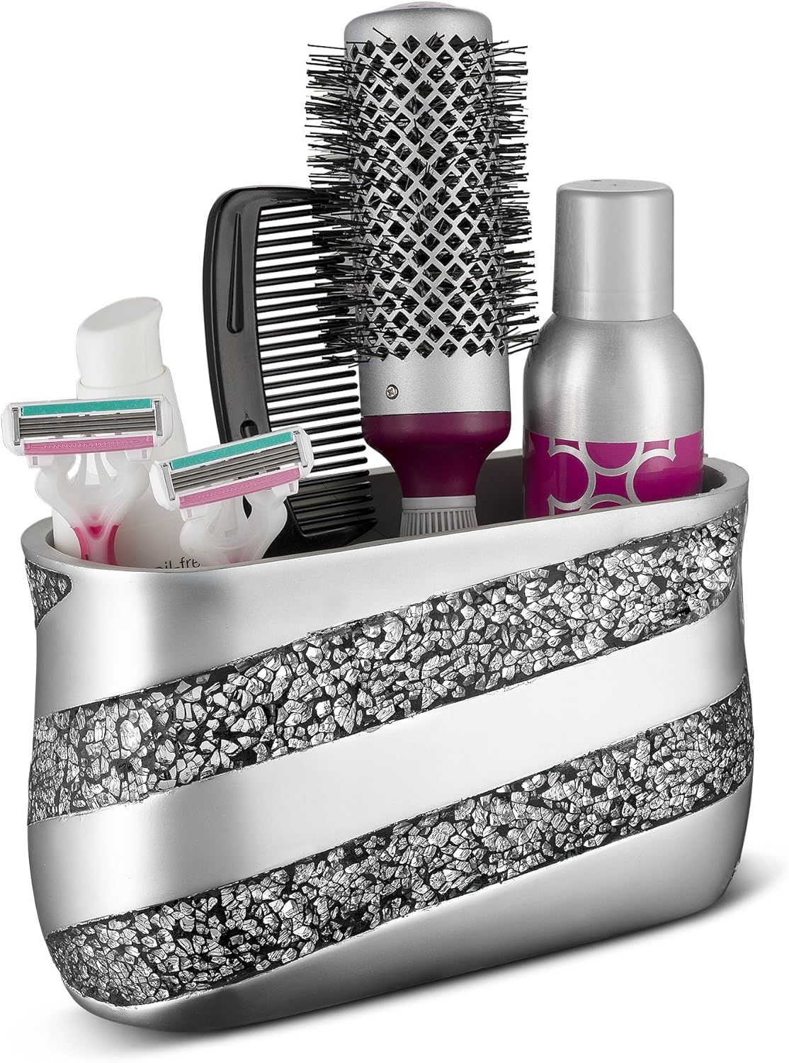 Silver Mosaic Bathroom Counter Vanity Organizer, Countertop Cosmetic Makeup Holder Hair Brush Caddy Hair Accessories Storage, 3-Compartments Decorative Bath Organization (Silver Gray)