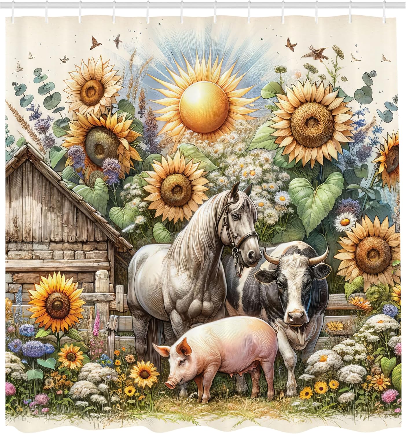 Ambesonne Rustic Shower Curtain, Vintage Rural Farmhouse Scene with Flowers Sun Horse Cow and Pig, Cloth Fabric Bathroom Decor Set with Hooks, 69" W x 70" L, Earth Yellow and Multicolor