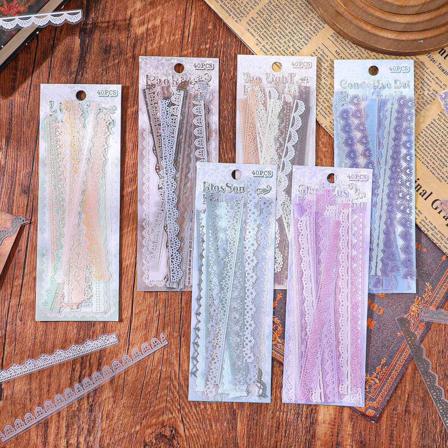 240PCS/6 Packs Lace Transparent Stickers, Vintage PET Lace Scrapbooking Embellishments, Art Self-Adhesive Laces Stickers, for Notebooks, Scrapbooks, Invitations, DIY Design, Make A Hand Journal