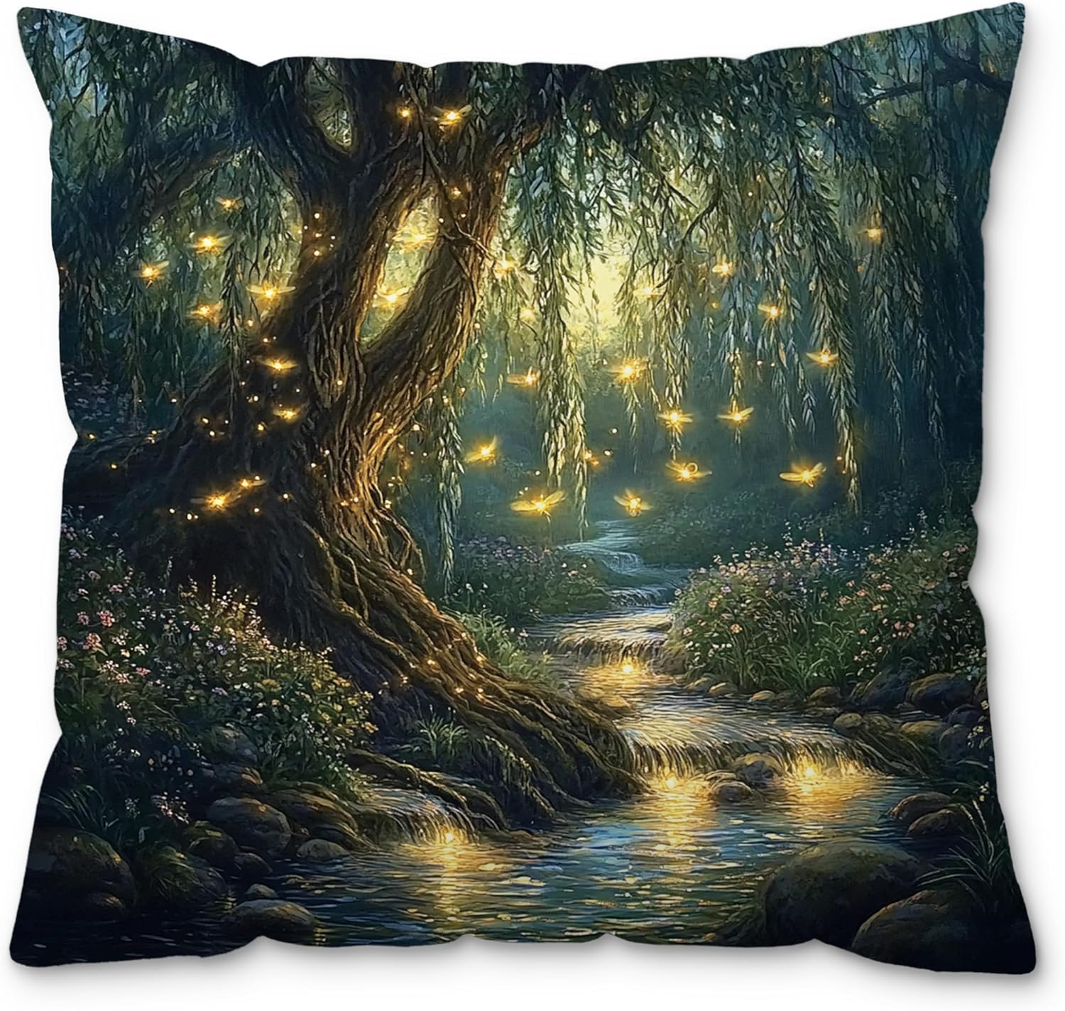 Vintage Fantasy Enchanted Willow Forest Pillow Cover 18x18, Cottagecore Mystical Night Forest Nature Wildflower Creek Decorative Pillow Cover for Home Bedroom Living Room