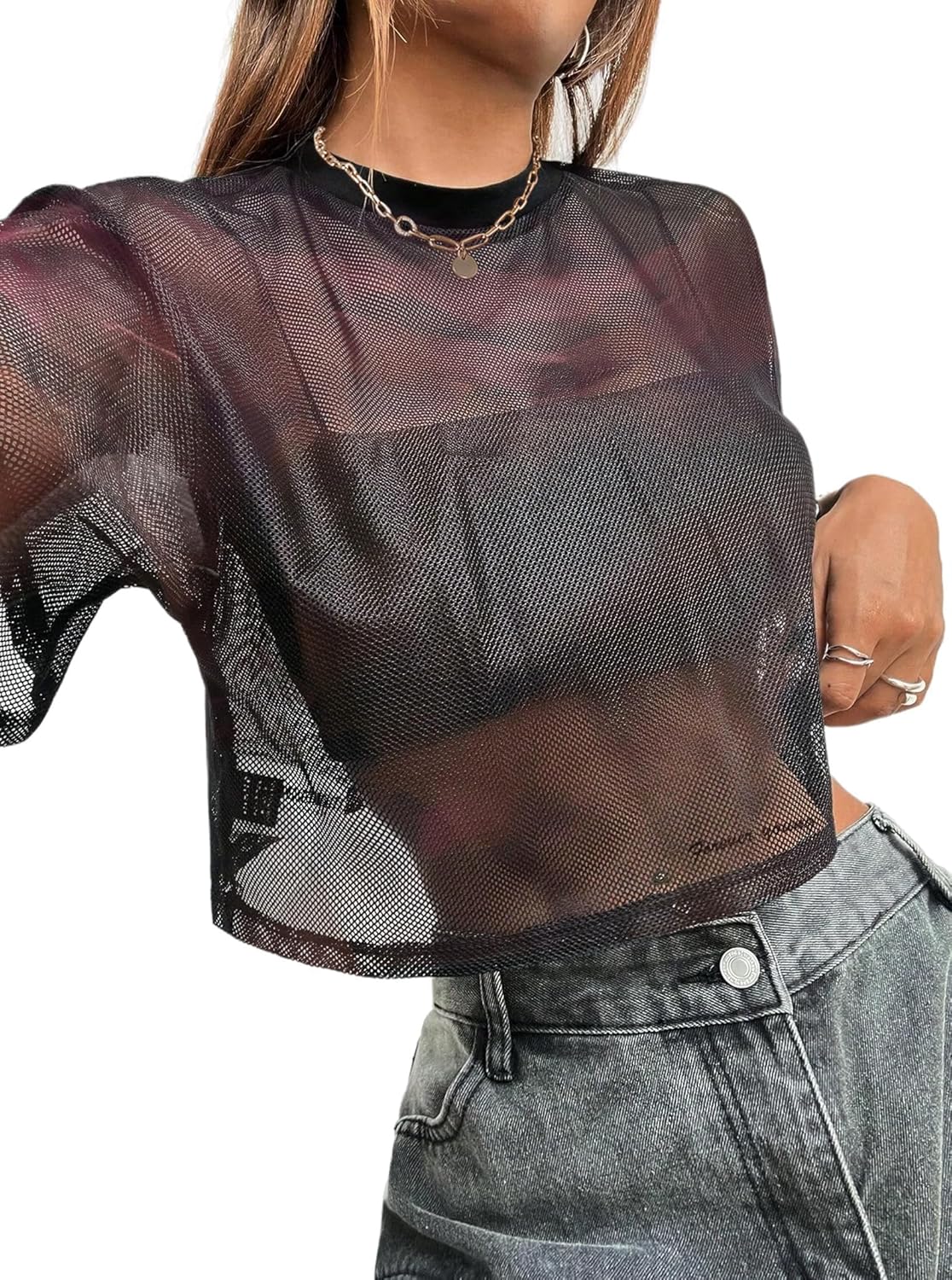 Avanova Women Sexy Sheer Mesh Crop Top See Through Oversized Short Sleeves Boxy Tee Shirt - Image 3