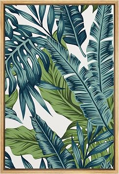 SIGNFORD Framed Canvas Print Wall Art Vibrant Blue & Green Teal Jungle Banana Monstera Leaf Nature Wilderness Illustrations Modern Art Decorative Colorful Multicolor for Bedroom - 16"x24" Natural