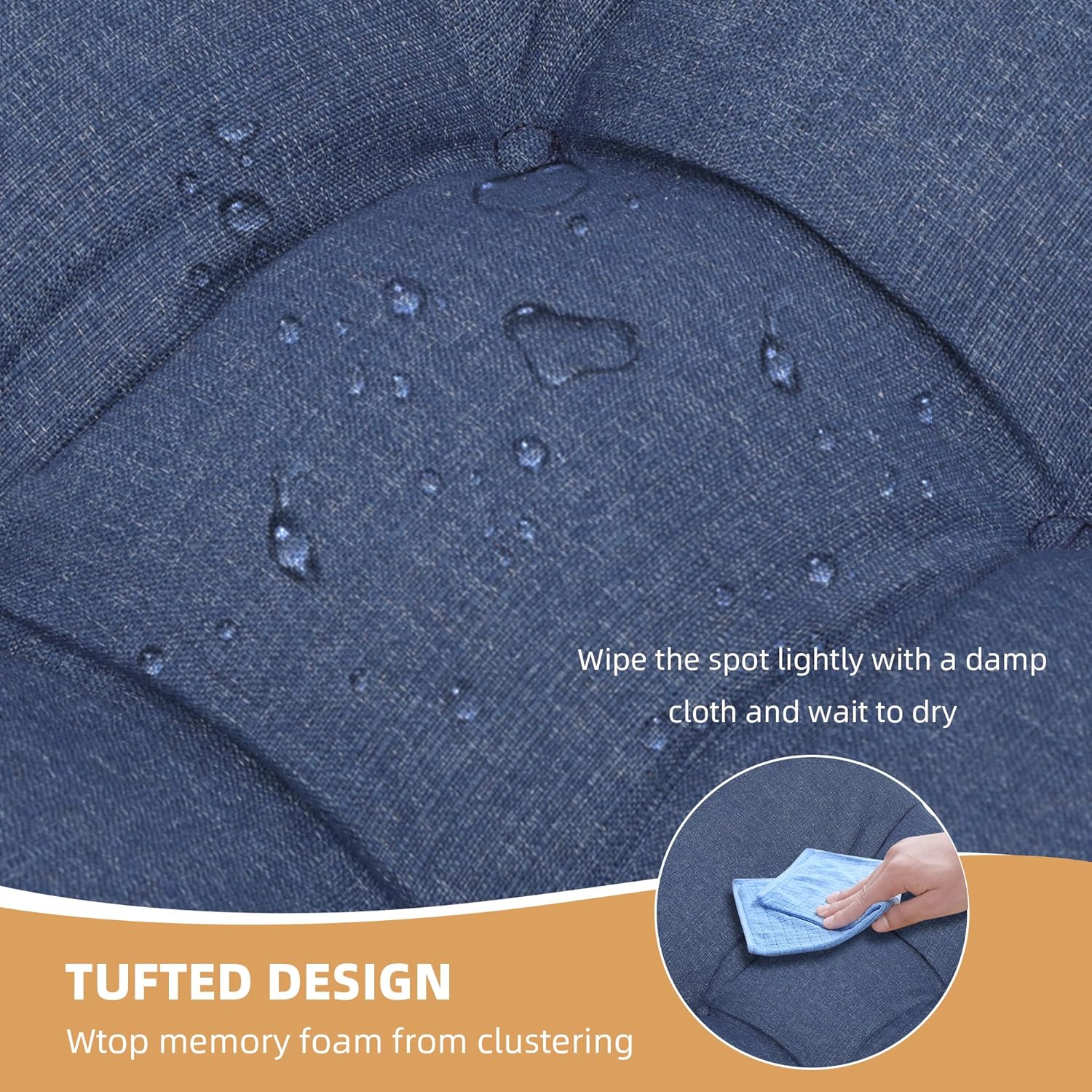 RACE LEAF Indoor Chair Cushions 2 Pack, Tufted Memory Foam Dining Room Chair Pads with Ties and Non-Slip Backing, Kitchen Seat Cushions 15.5" X 15.5" Navy