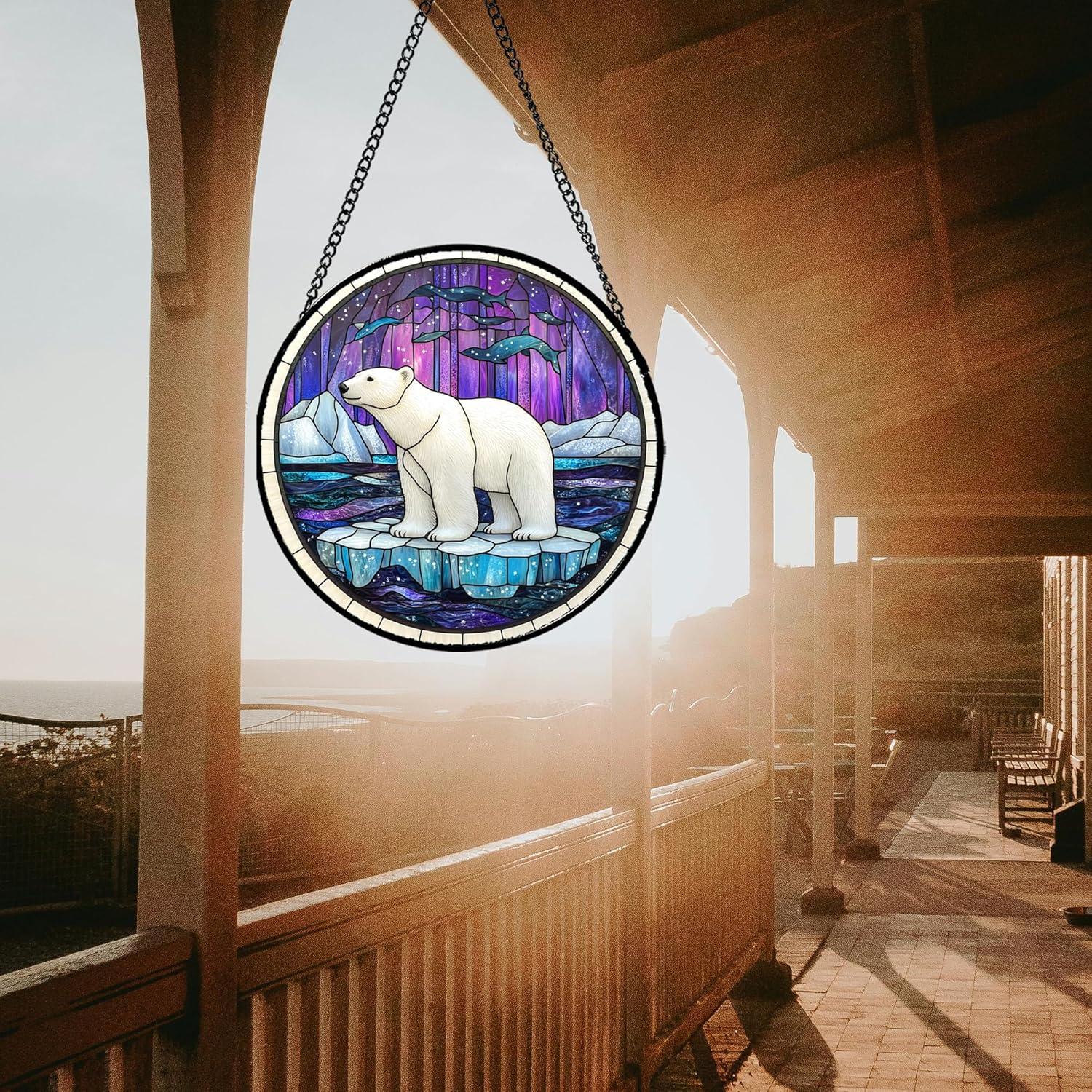 Stained Glass Window Hanging - Polar Bear Suncatcher for Door Garden Yard Arctic Landscape Sun Catchers Decor Christmas Mother's Day Birthday Child Gifts for Women Mom Nana Friend 7.8 in
