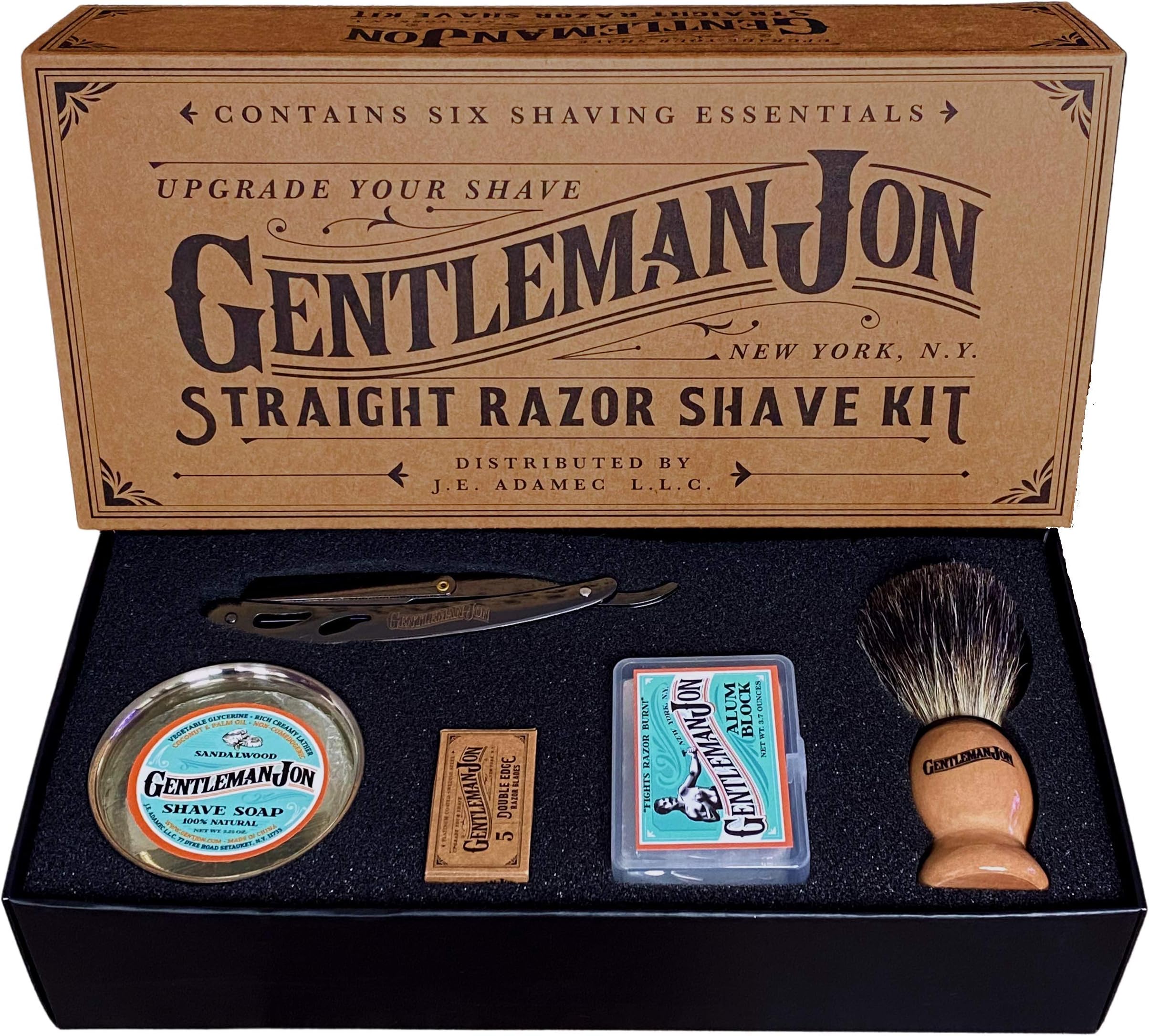 Gentleman Jon Straight Razor Shaving Kit - Vintage Wet Shave Grooming Set, Includes Straight Edge Razors for Men, Badger Hair Shaving Brush, Alum Block, Shave Soap, Bowl & Double Edge Safety Blades