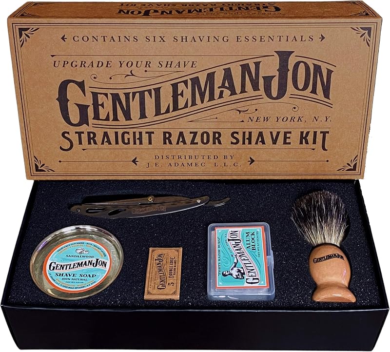 Juego de kit de afeitado para hombres | Juego de afeitado en húmedo vintage: incluye: maquinilla de afeitar de borde recto, brocha de afeitar para el cabello, bloque de alumbre, jabón de afeitar, cuenco y hojas de afeitar de doble filo