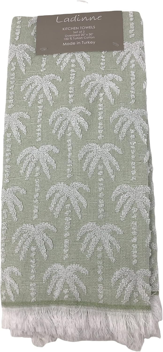2-Piece Kitchen Towel Set | Sage Green Popup Palm Trees Oversized, Absorbent 100% Cotton 20"x30" | Made in Turkey