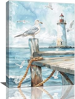 Seagull Decor Wall Art Coastal Lighthouse Pictures Wall Decor Nautical Seascape Print Painting Artwork Ocean Home Decorations for Bathroom Bedroom Living Room Office Framed 12"x16"