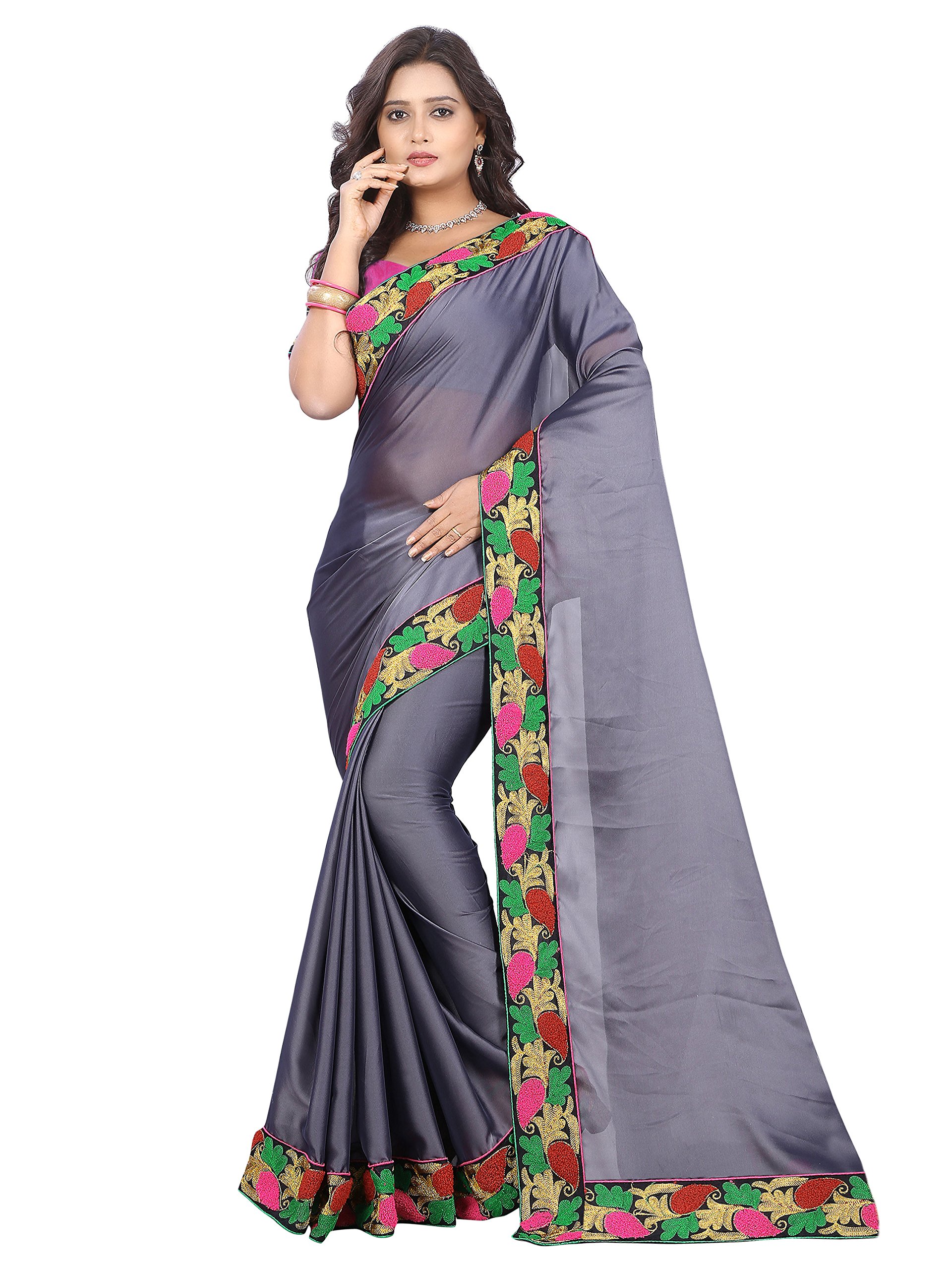 ARSH IMPEX Women's Silk Embroidered Lace Bordered Saree with Blouse Piece(aarsh_1056_Grey_Free Size)
