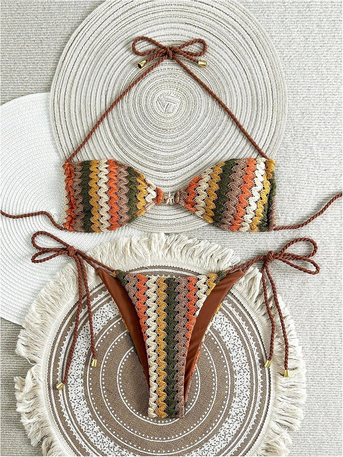 SHENHE Women's String Bikini Set Striped Crochet Swimsuits Tie Back Halter Bathing Suits - Image 5