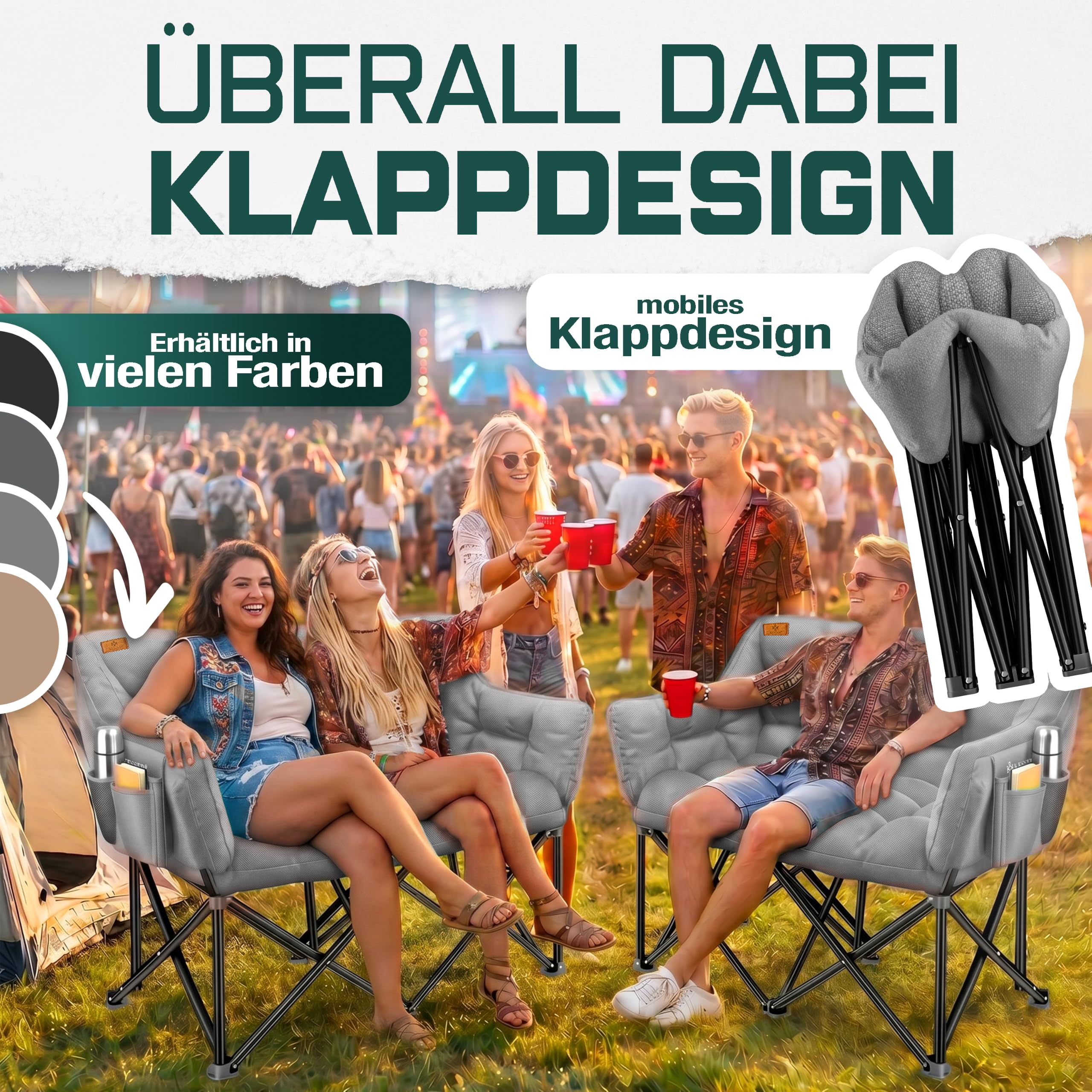 KESSER® Campingsofa faltbar, Campingcouch breit, gepolstert mit Seitentaschen & Tasche, Faltsofa Duo, Campingstuhl Indoor & Outdoor, Camping, Festival, Angeln & Garten