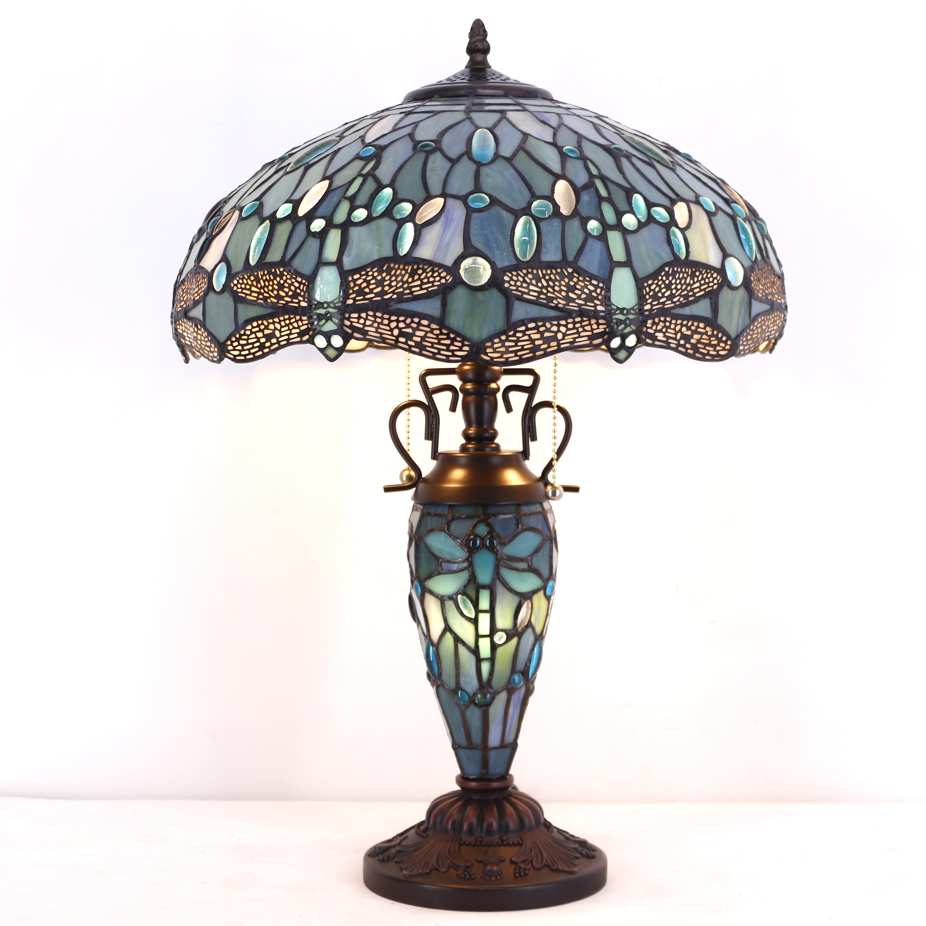 Image of WERFACTORY Tiffany Table Lamp Sea Blue Stained Glass Dragonfly Style Light