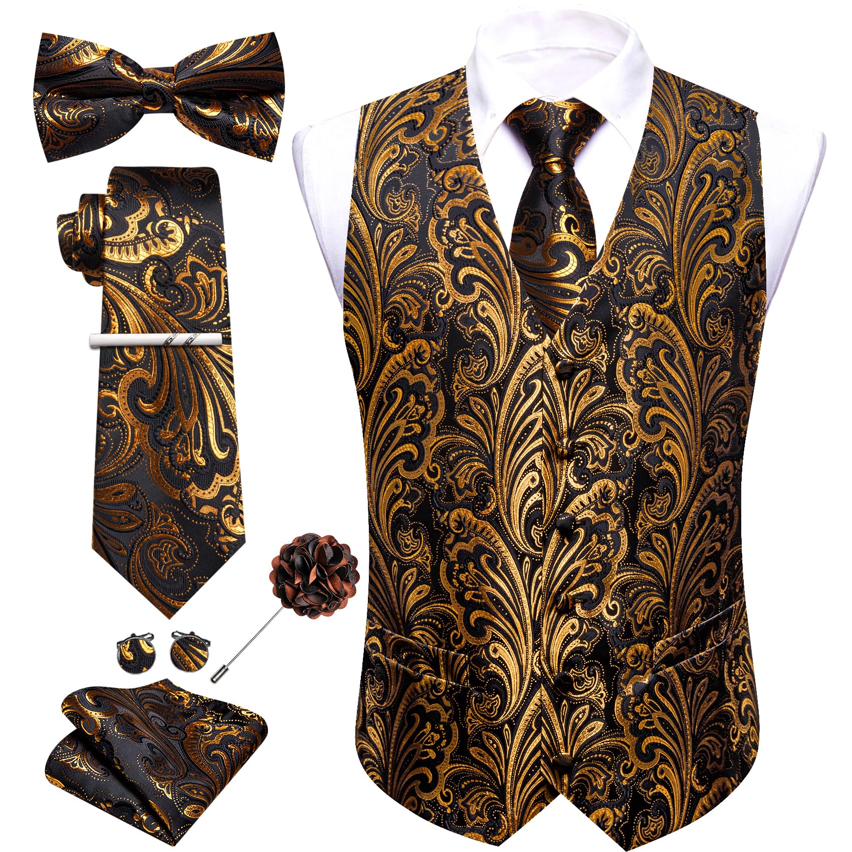 Barry.Wang Set di 7 gilet da uomo in seta jacquard con scollo a V, set da 7 pezzi, gilet formale con cravatta papillon e tasca quadrata per matrimoni e affari