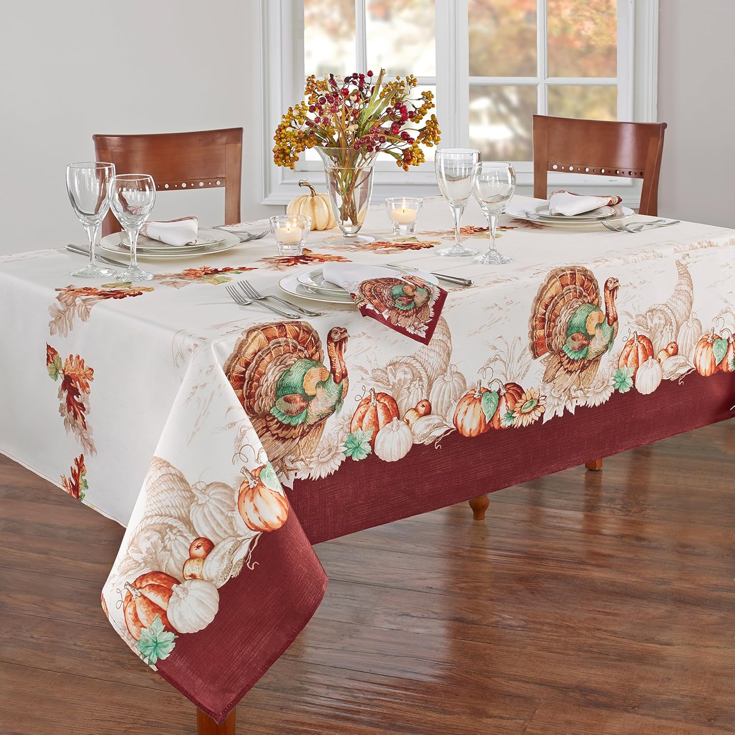 Elrene Home Fashions Holiday Turkey Bordered Fall Wrinkle Resistant Tablecloth, Seasonal Dining-Table Cover, 60" x 144" Rectangle