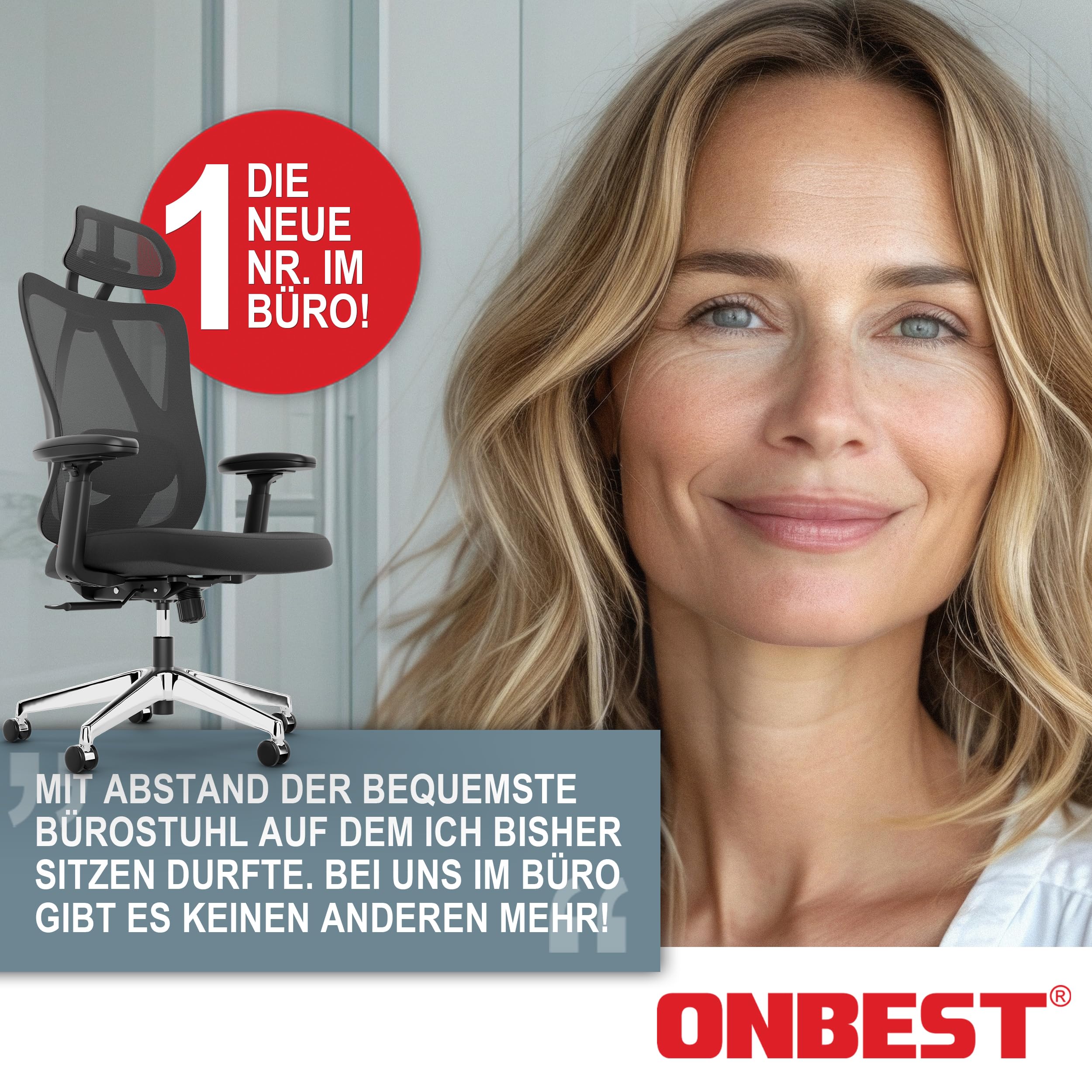 Onbest Bürostuhl ergonomisch – Mesh-Stuhl mit Lordosenstütze | Homeoffice- und Büro-Drehstuhl mit Kopfstütze, Armlehnen, breiter Sitzfläche, leisen Rollen und bis 150 kg belastbar