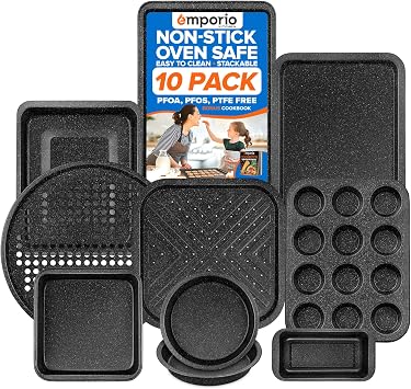 Emporio Kitchen Stackable Baking Pan Set - Nonstick Gray Marble Coating, Carbon Steel Bakeware Sets, PFOA, PFOS, PTFE Free, Recipe Booklet Included, Oven Safe Tray Up To 450 F, Set of 10 - Gray