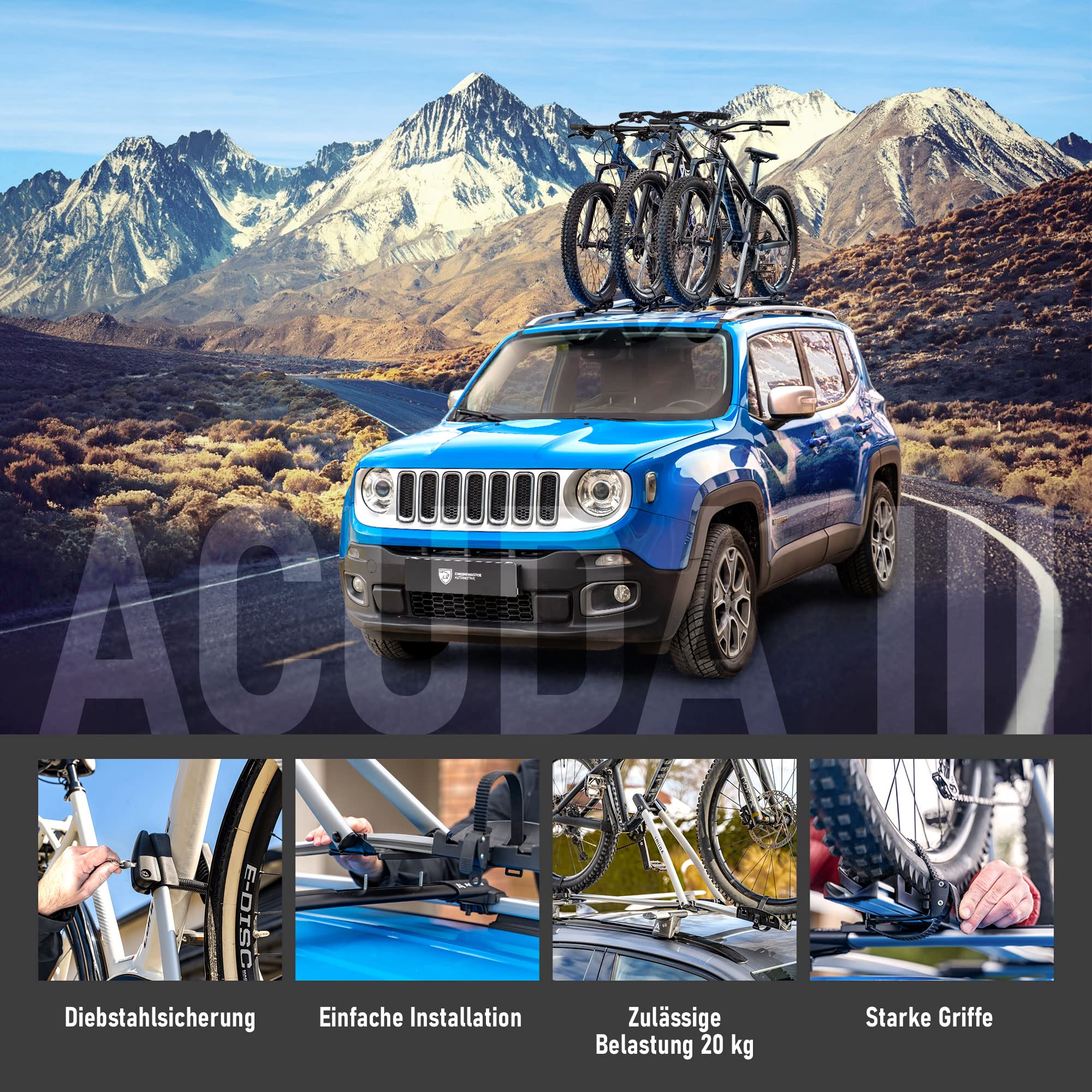 AGURI ACUDA III | Fahrradträger, Fahrrad Dachträger, Universeller Fahrradhalter fürs Autodach | Abschließbar | Belastbarkeit bis 20 kg | Leichte und robuste Konstruktion aus Aluminium | TÜV