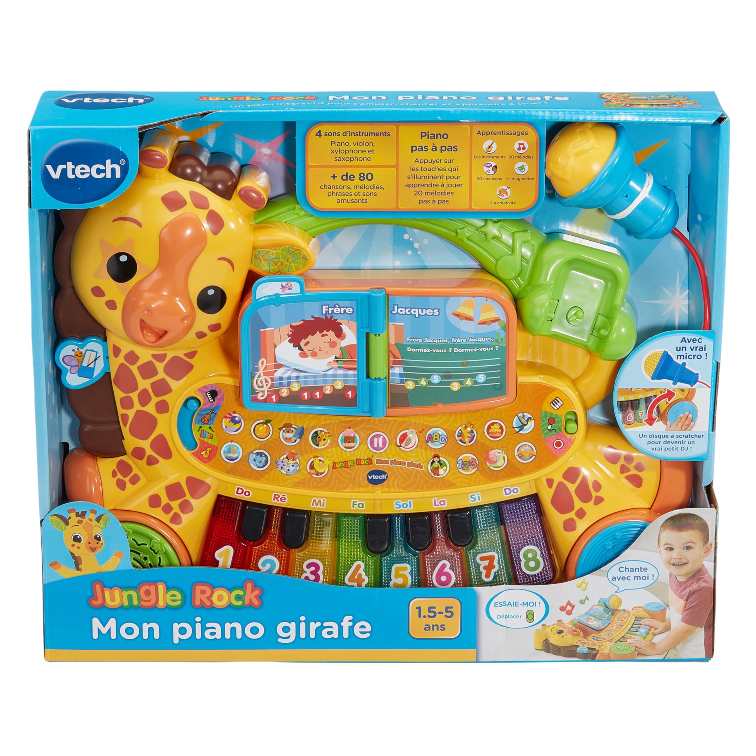VTech Mi Piano Jirafa Jungle Rock, Instrumento Musical para bebés, Teclado de Piano Infantil Que Habla e Interactivo con Micro Karaoke, Regalo para niños a Partir de 18 Meses – Contenido en francés