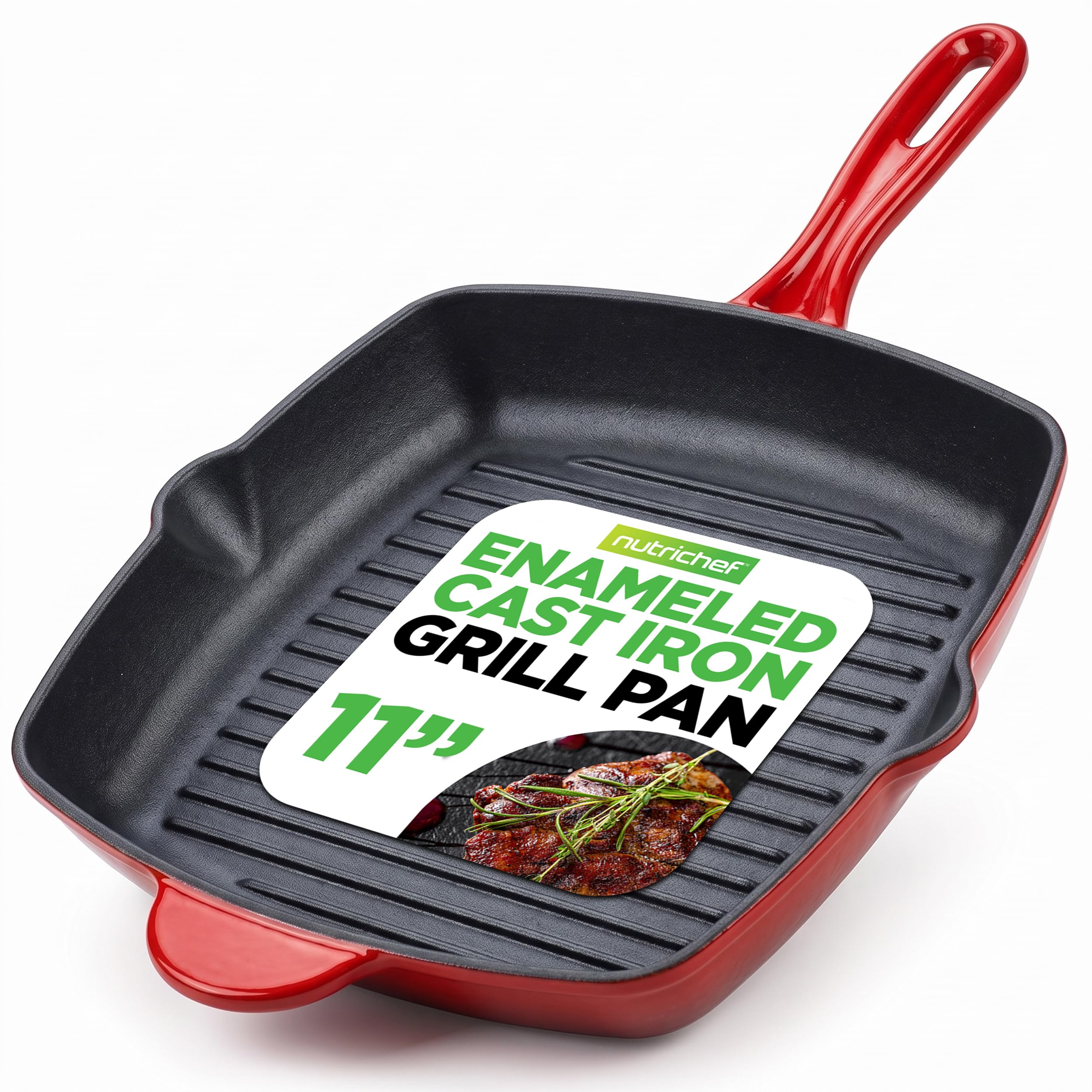 NutriChef red enameled cast iron steak grill pan