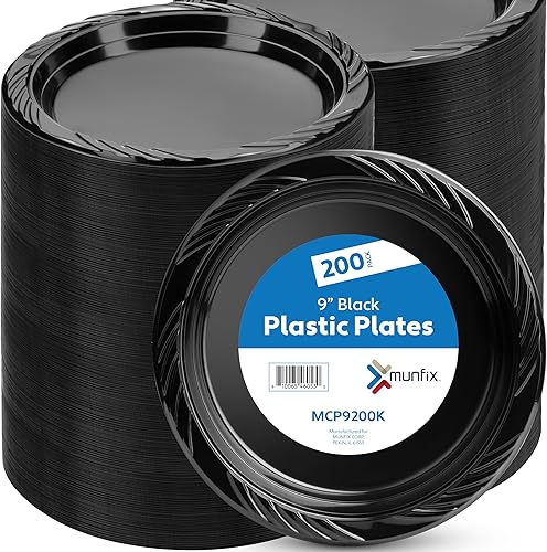 Munfix Juego de 200 platos de plástico negro – platos llanos desechables de 9 pulgadas, paquete a granel para fiestas, barbacoas, picnic, fiestas,