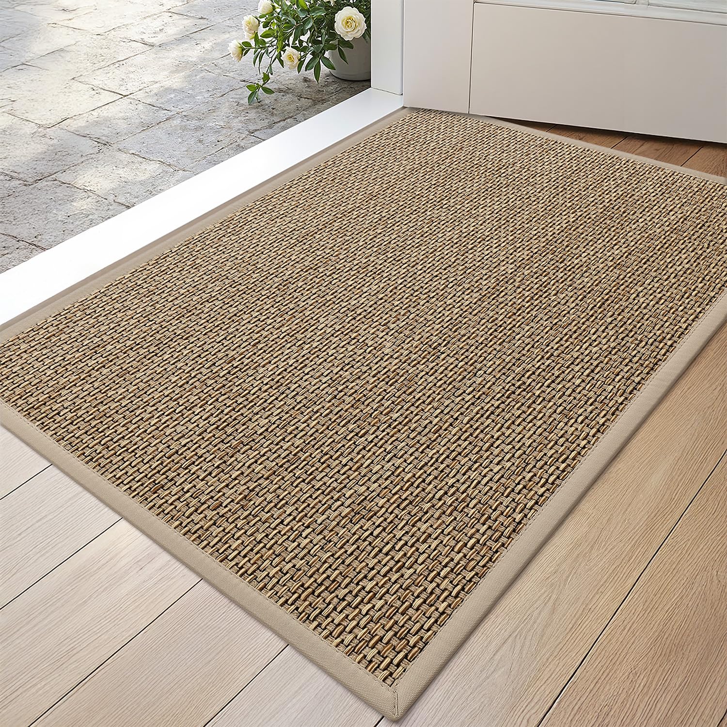DEXI Paillasson 60 x 90 cm, Tapis d Entrée Intérieur Antidérapant et Absorbant, Profil Bas, Facile à Nettoyer, pour Couloir, Porte, Cuisine, Beige